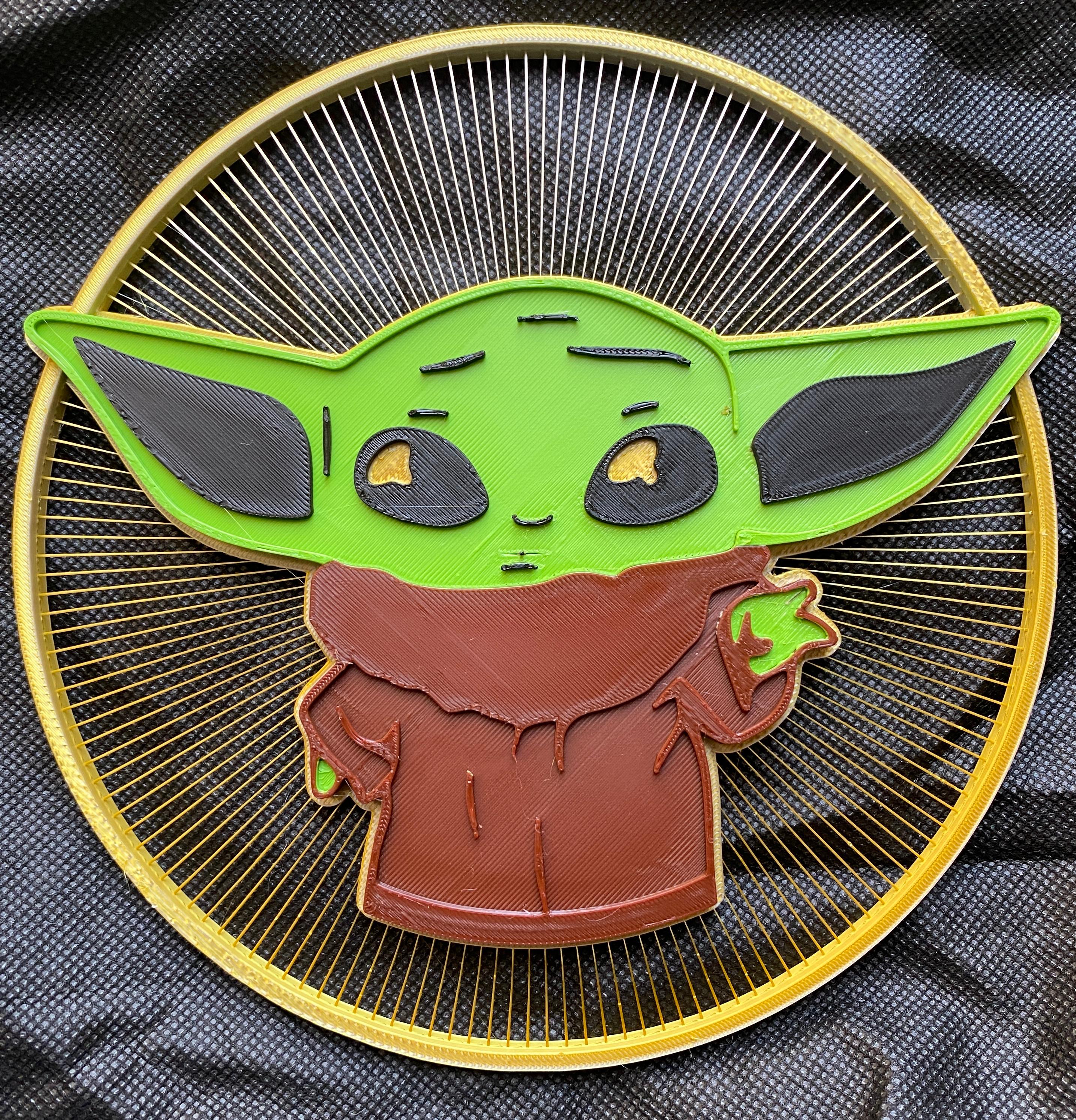 Baby Yoda String Art - Printed with Bambu Lab X1C using 3DJake Frozen Gold, Brown, Black and Prima Select light green pla.  - 3d model