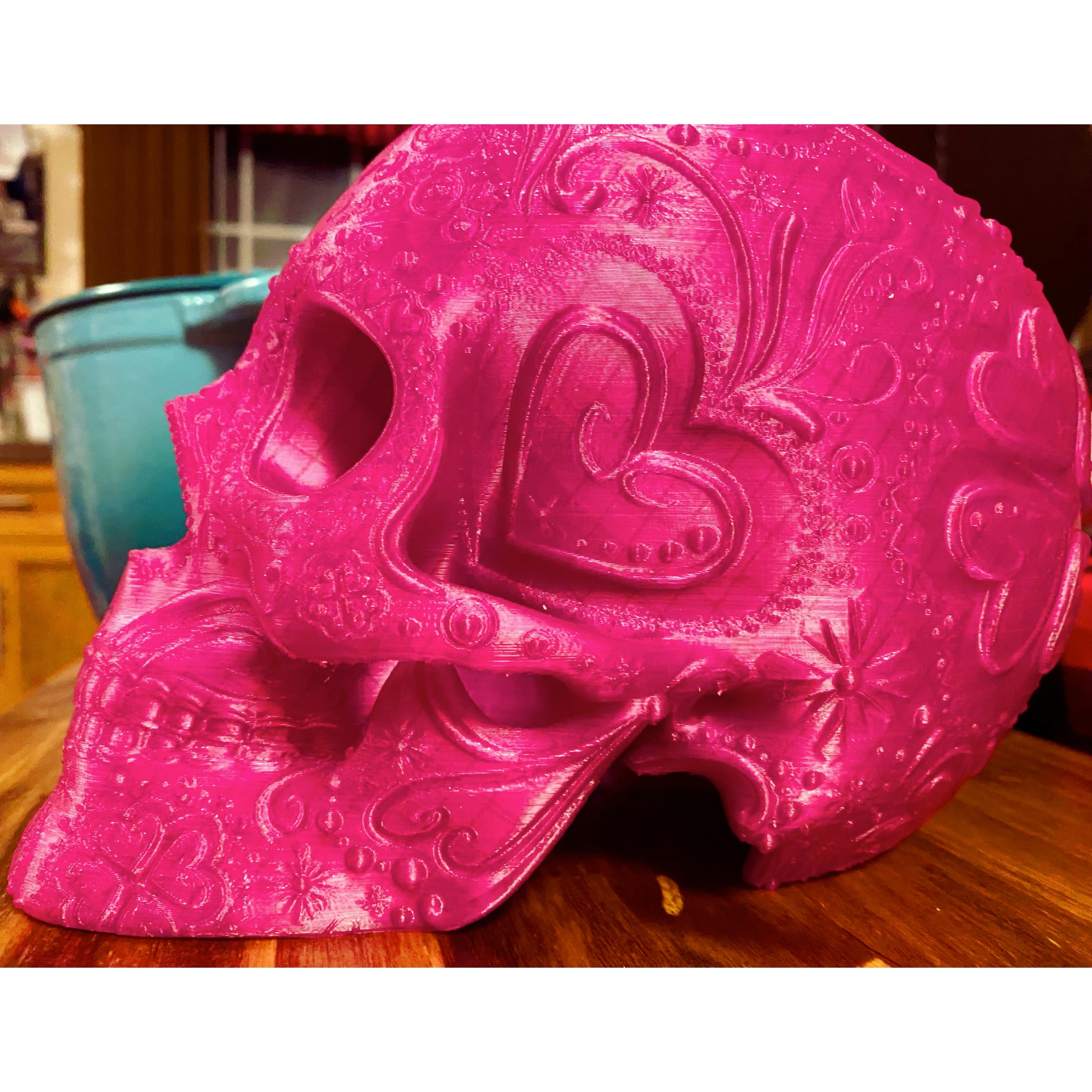 Valentine Sugar Skull - printed at 100% with amethyst violet translucent PLA - 3d model