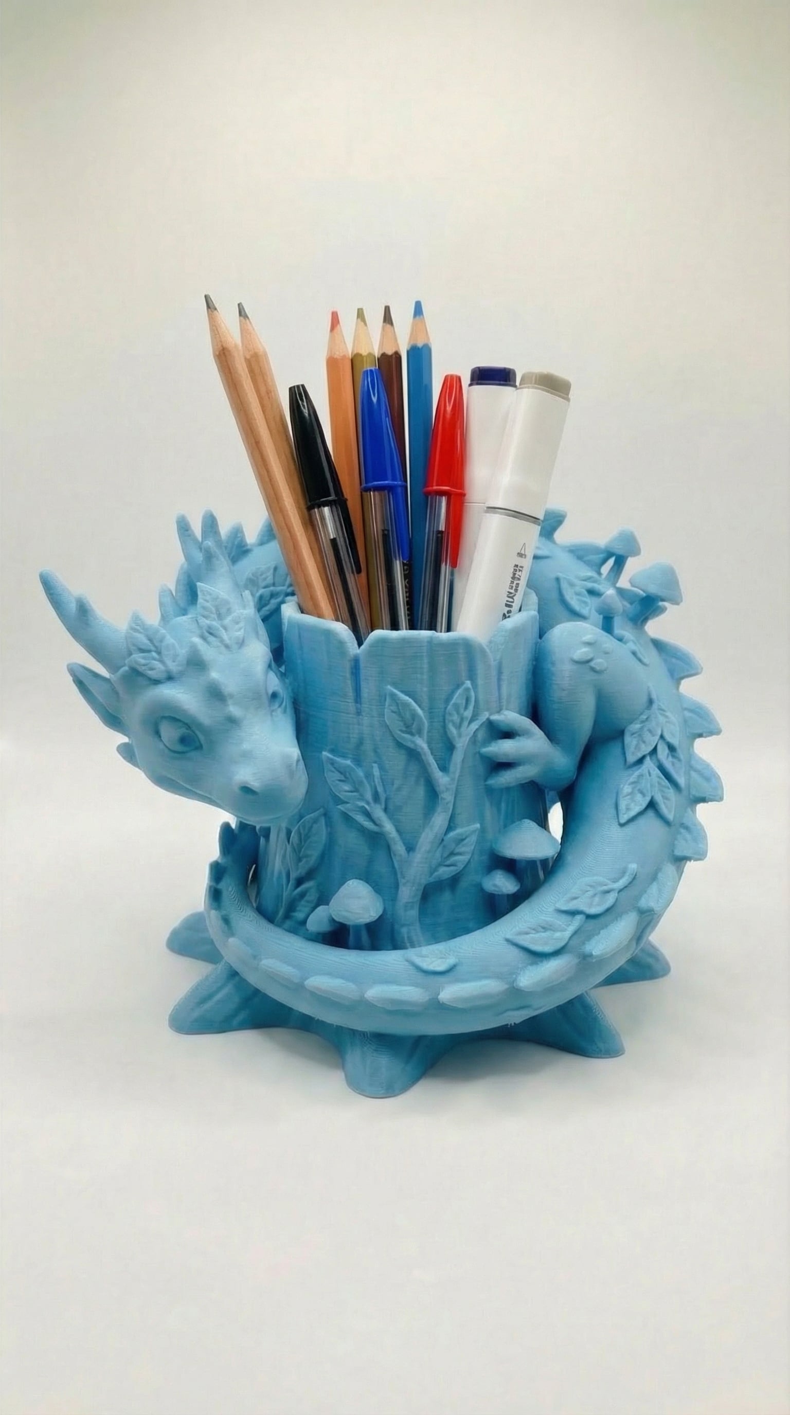 Cute Dragon Tree Stump Pen Holder - Whimsical Forest Desk Organizer 3D Print 3d model