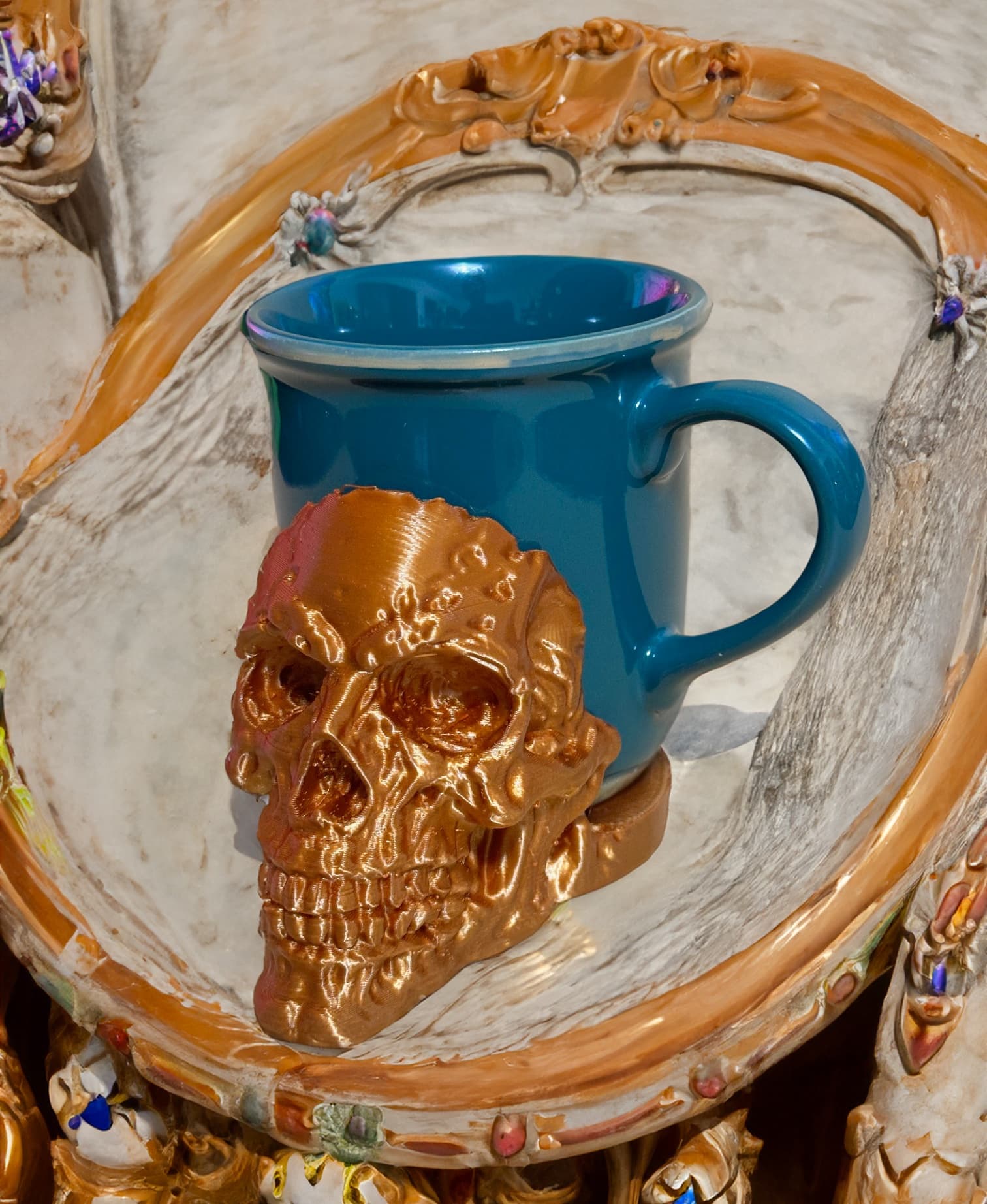 Skull Cup Holder with photoshop AI background.