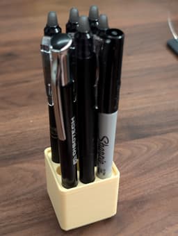 Works well. Fits my Sharpie ultra-fine point marker, random ballpoint pen, and "Frixion Synergy Clicker 0.5" (black) pens perfectly. Note: does not fit the similar "Frixion ball clicker 07" color pens, which are a little bit wider. 3d model