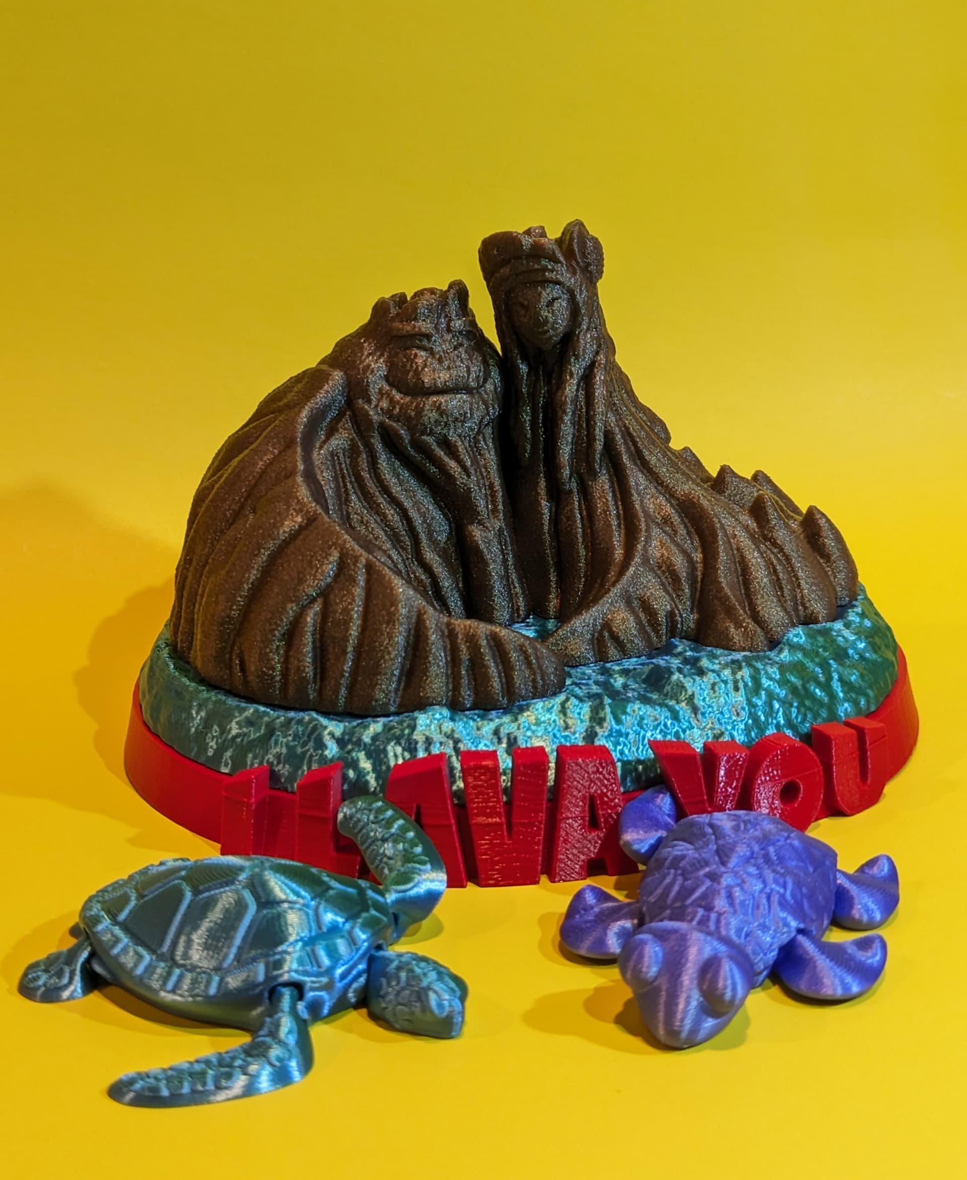 Happy volcano couple hanging out with a couple of sea turtles. Printed in Polymaker Starlight Meteor & Dual Silk Caribbean.