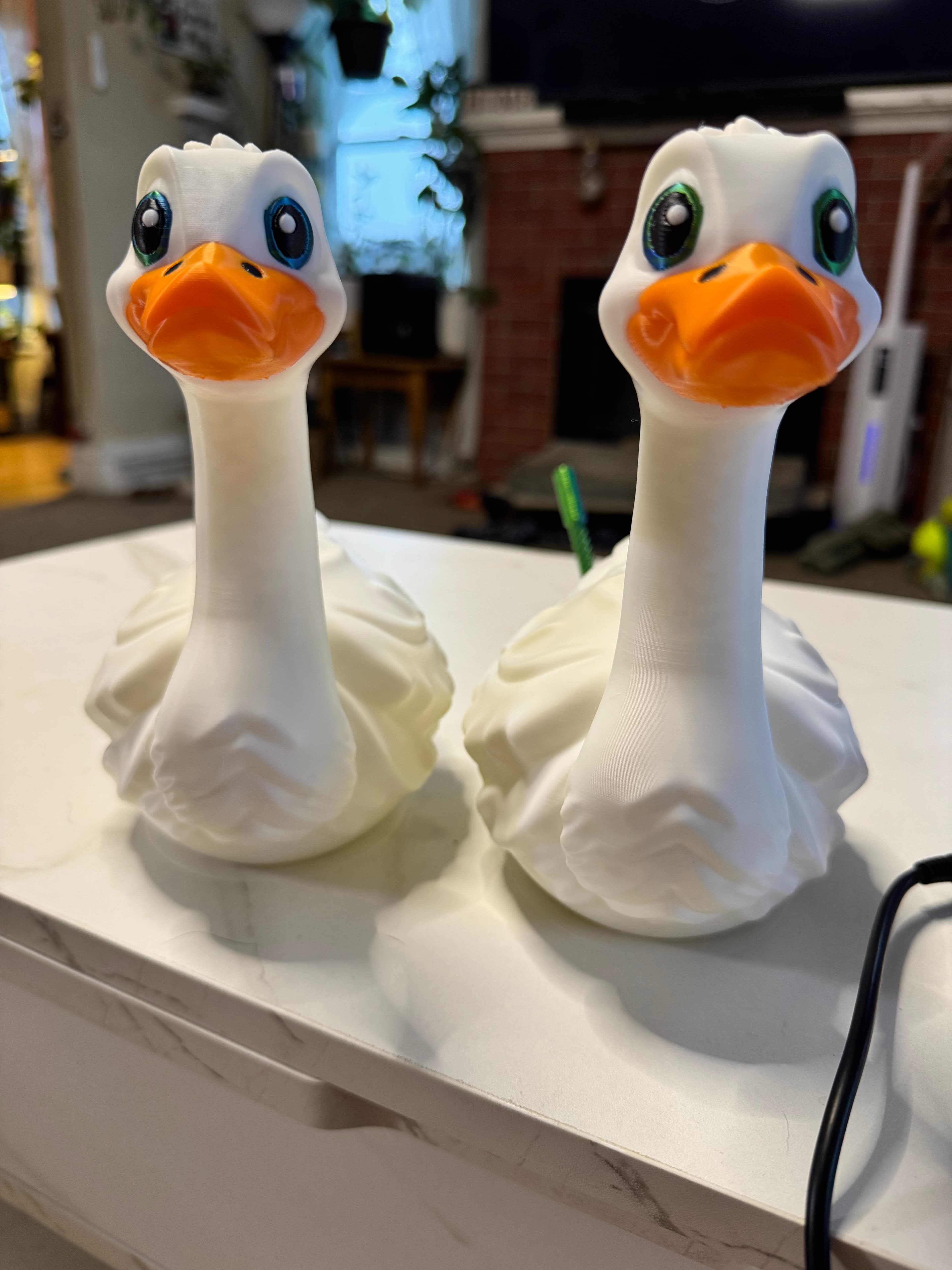 Porch Goose twins for myself and one of my teacher friends. I didn’t do the regular feet, as the newest shoes had me hooked on making those.
I made the geese at 125% for the size, making them 7.5 inches from the top of their head to the bottom of their bellies.