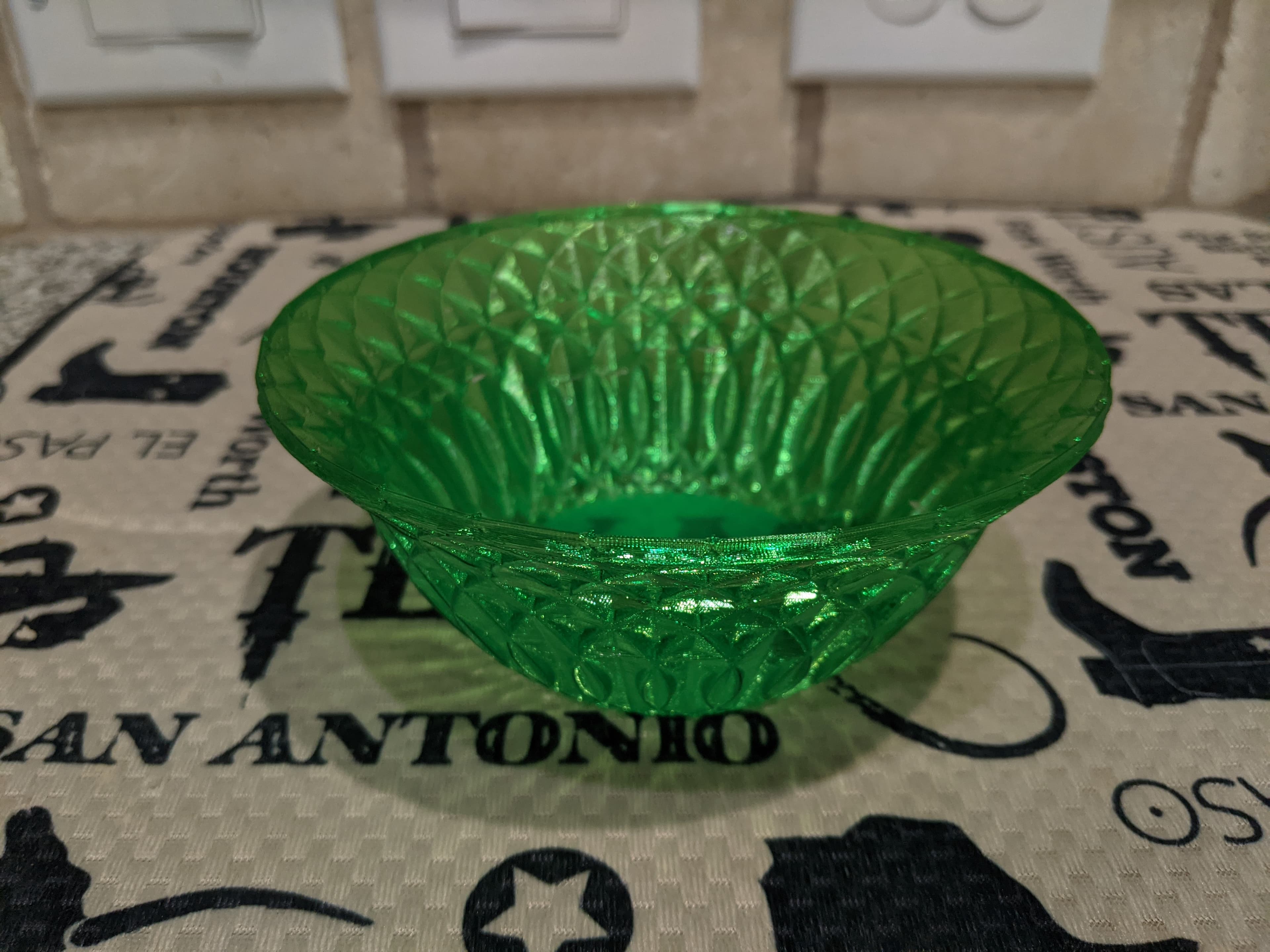 Vase mode print with transparent green PETG, scaled up to 200%