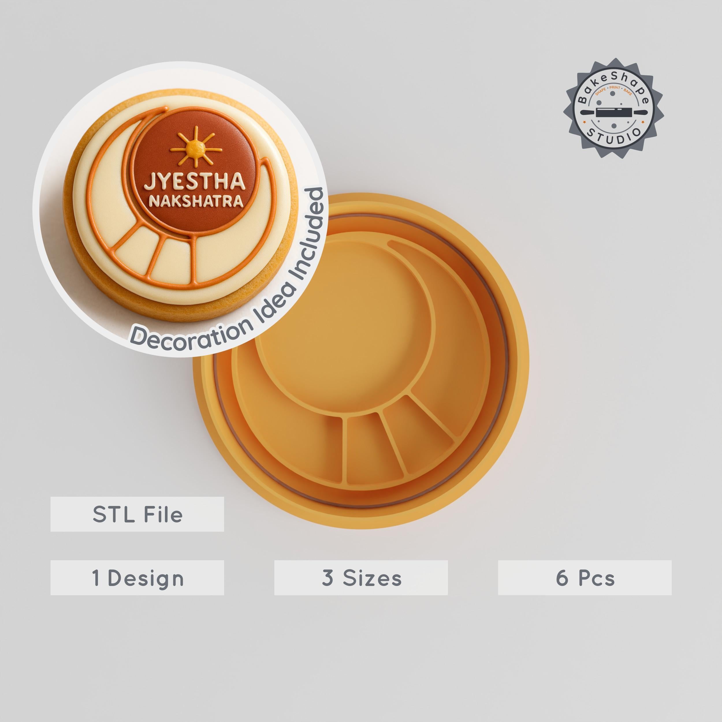 Jyestha Nakshatra Vedic Astrology Cookie Cutter & Stamp Set, 6 Pcs, Jyestha Star & Lunar Design, S/M/L Sizes, Hindu Astrology Theme PRODUCT_1077 3d model