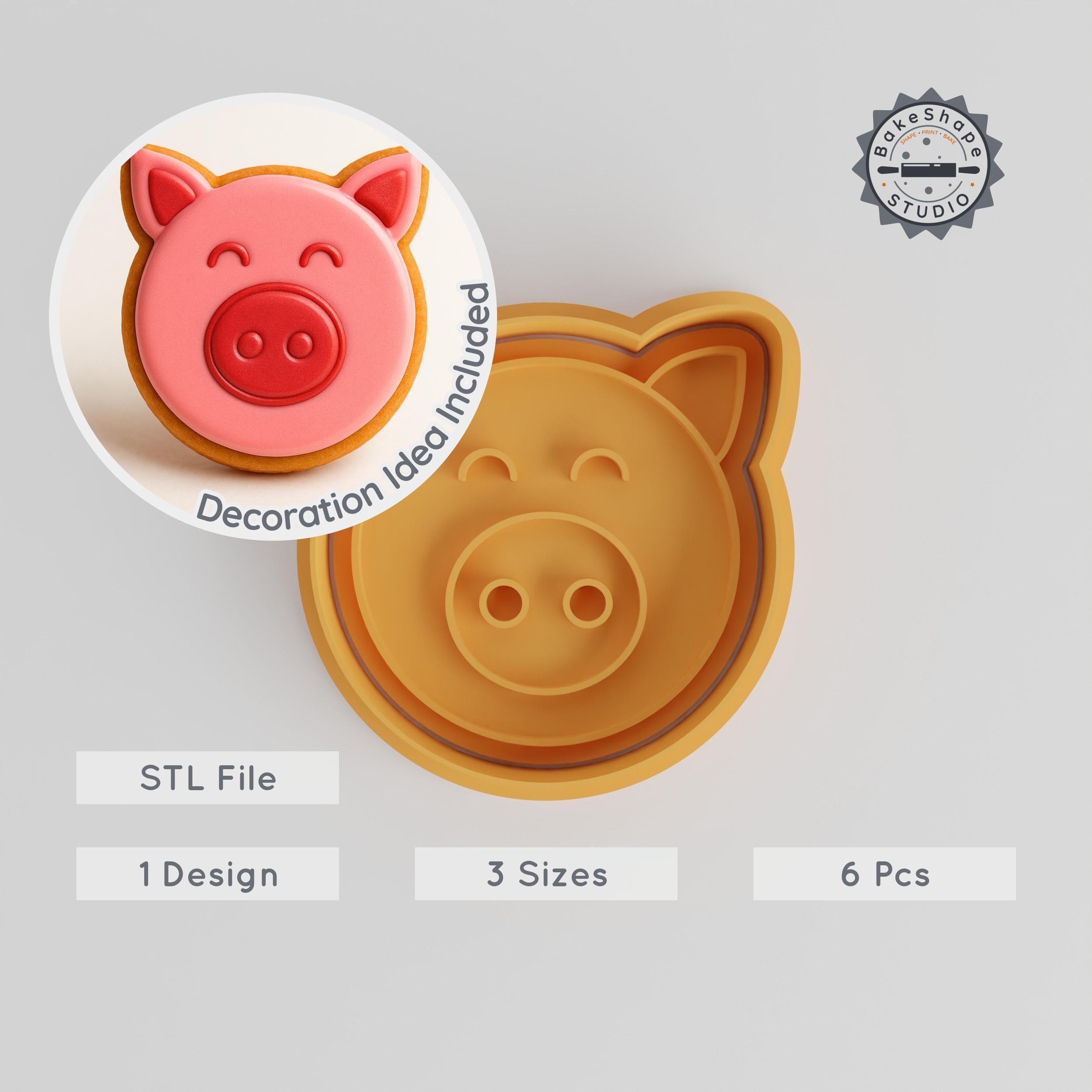 Pig Shape Cutter & Stamp, Farm Animal Cookie & Fondant Tool, Includes Small Medium Large Sizes, Set of 6 PRODUCT_92 3d model