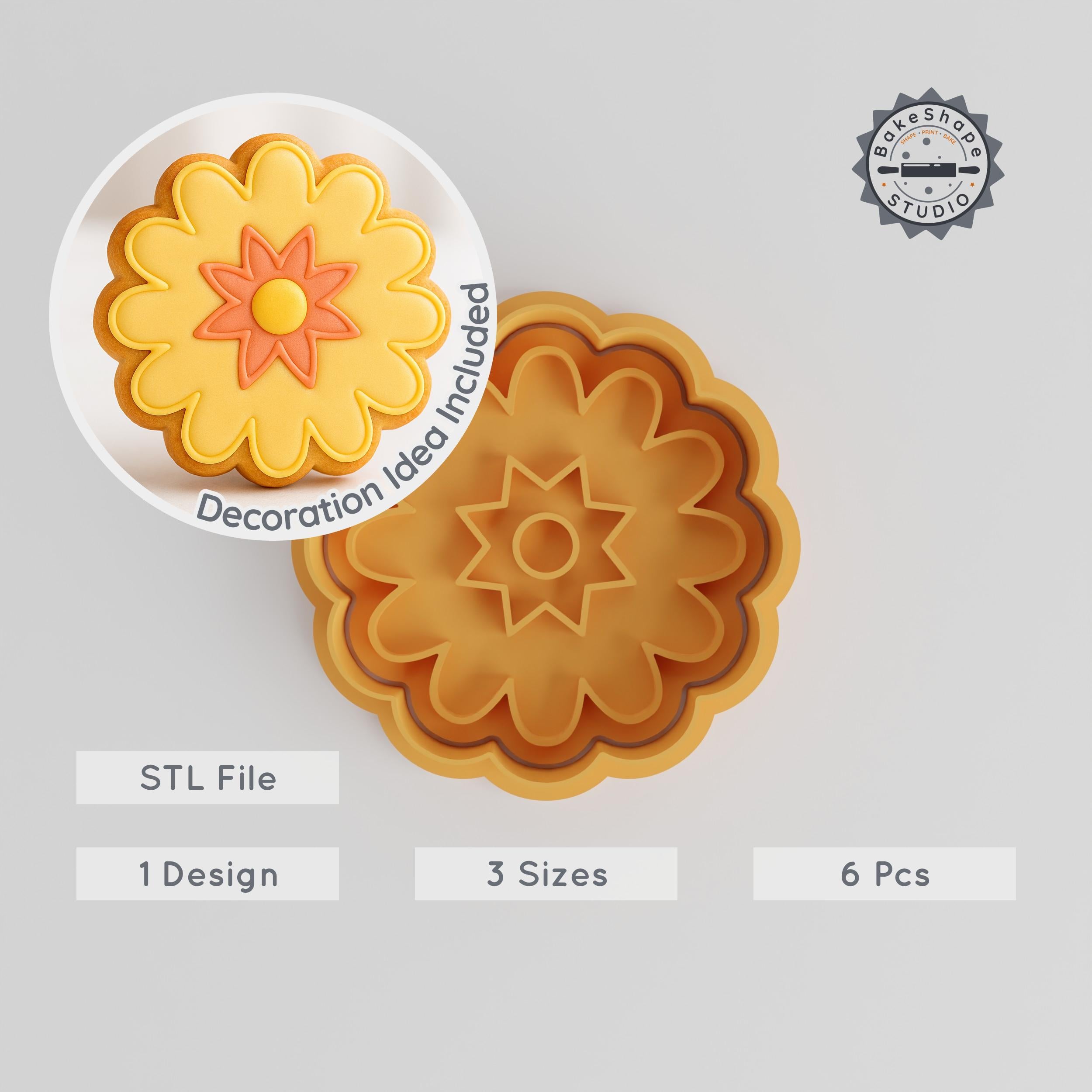 Daisy Flower Cutter & Stamp Set, Floral Cookie & Fondant Tools, 3 Sizes, 6 Pieces PRODUCT_54 3d model
