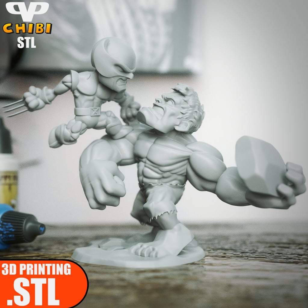 Wolverine vs Hulk Chibi STL for 3D Printing ChibiSTL 3DXM 3d model