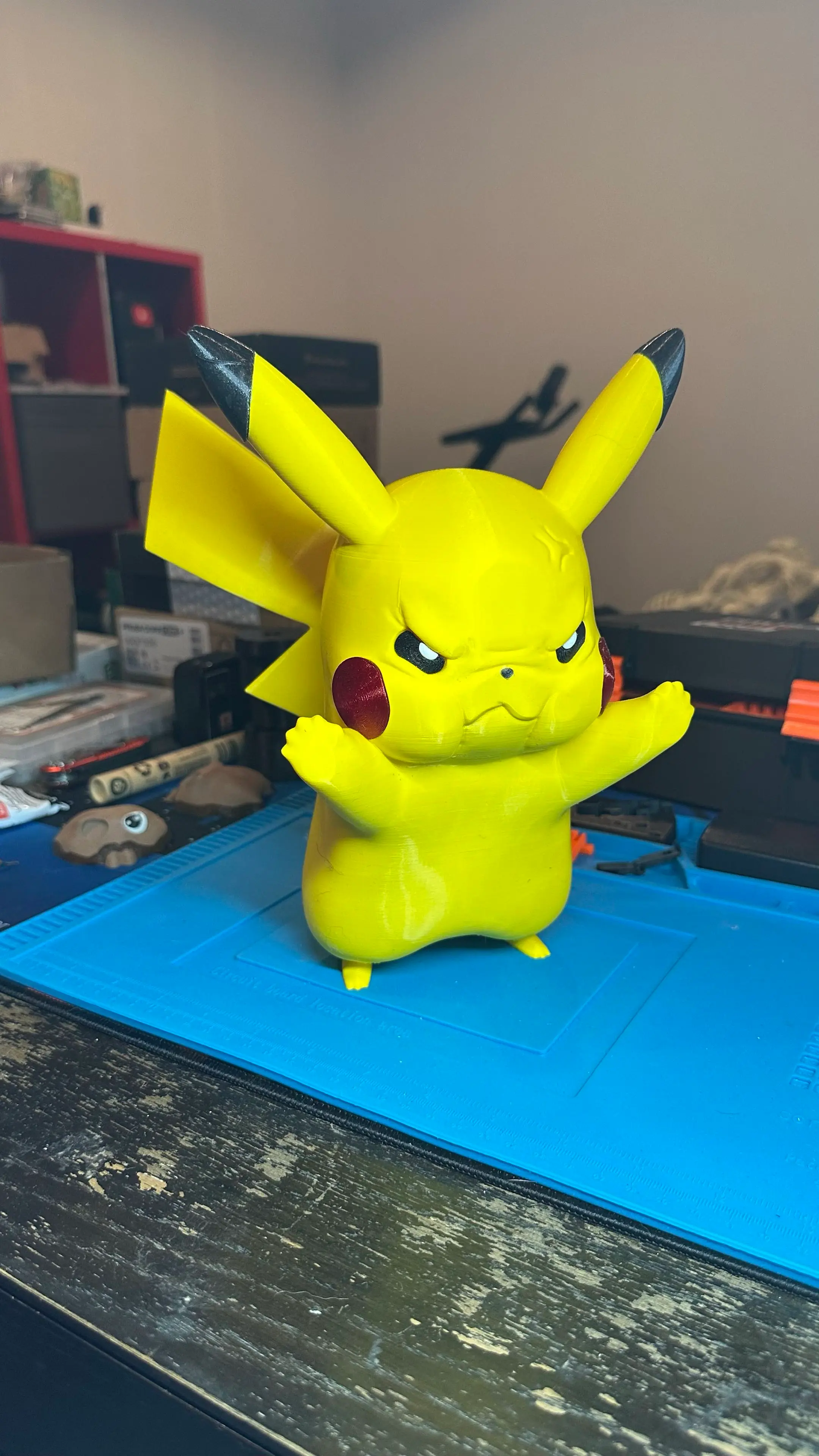 I recorded the make into a YouTube short:
https://youtube.com/shorts/PYUggpgzvyk
Cute little window display, the added sparkle from the Prusament PLA (Prusa Galaxy Black and Galaxy Red) adds a nice little touch for the Electric type Pokemon!