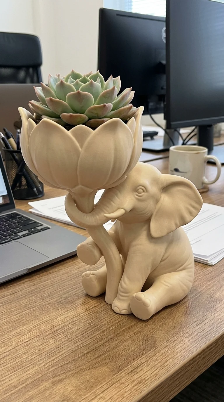 Whimsical Elephant Lotus Succulent Planter & Desktop Organizer 3d model