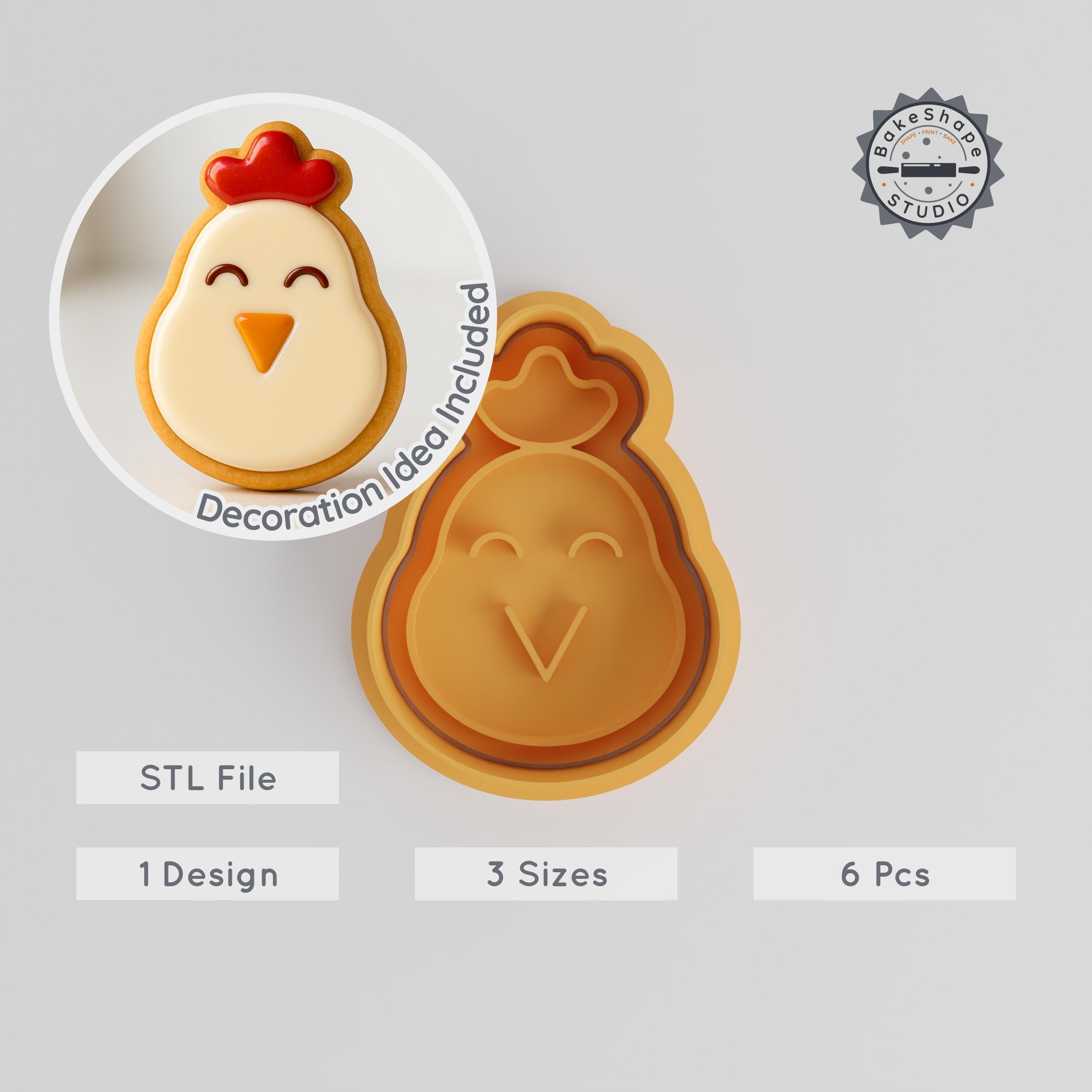 Chicken Shape Cutter & Stamp, Cookie & Fondant, S/M/L, 6-Piece Set, Farm Poultry Design, Barnyard Bird Theme PRODUCT_90 3d model