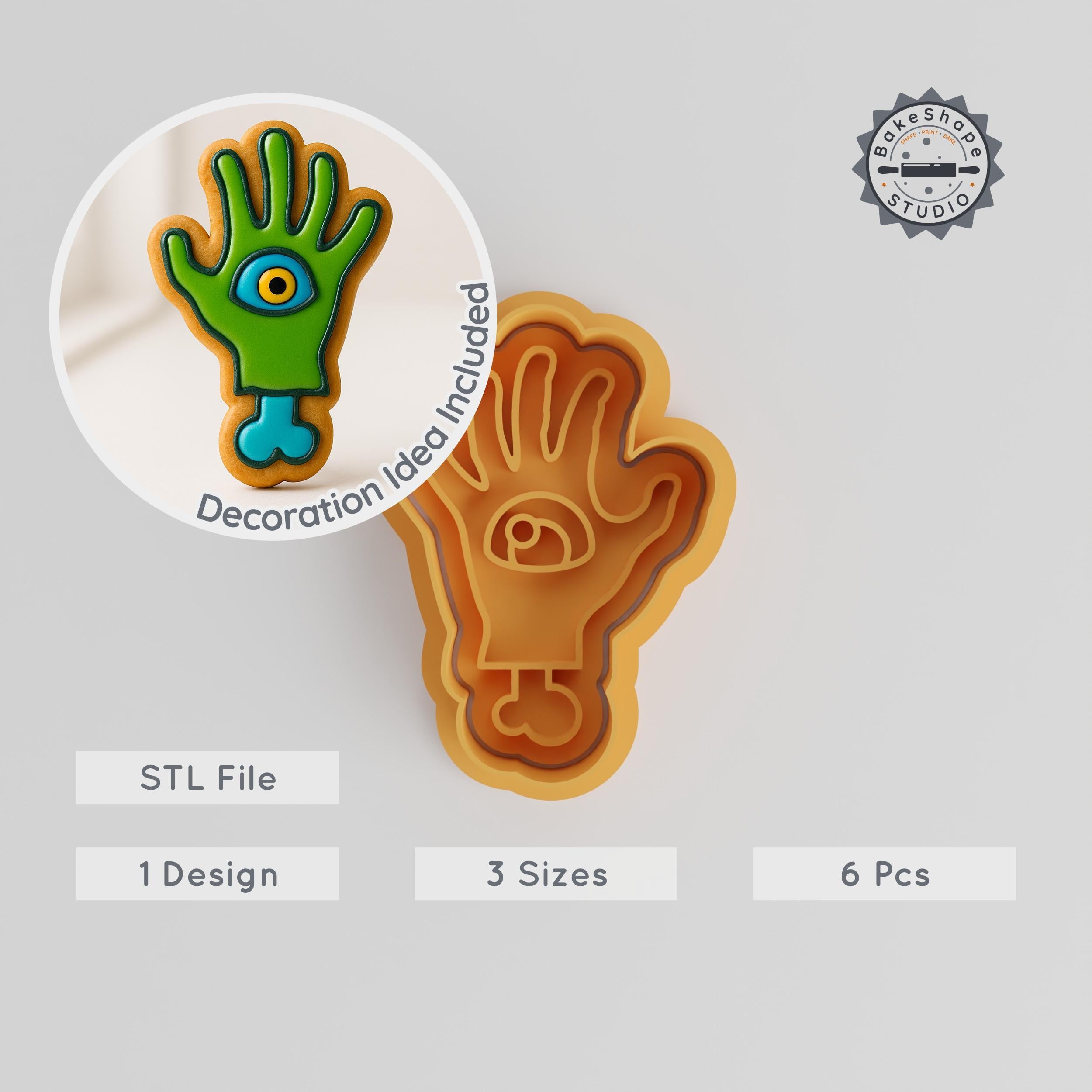 Zombie Hand Cookie Cutter & Stamp Set, 6pcs, Horror Baking Tool, Scary Hand Fondant Decoration, Sizes S/M/L PRODUCT_652 3d model