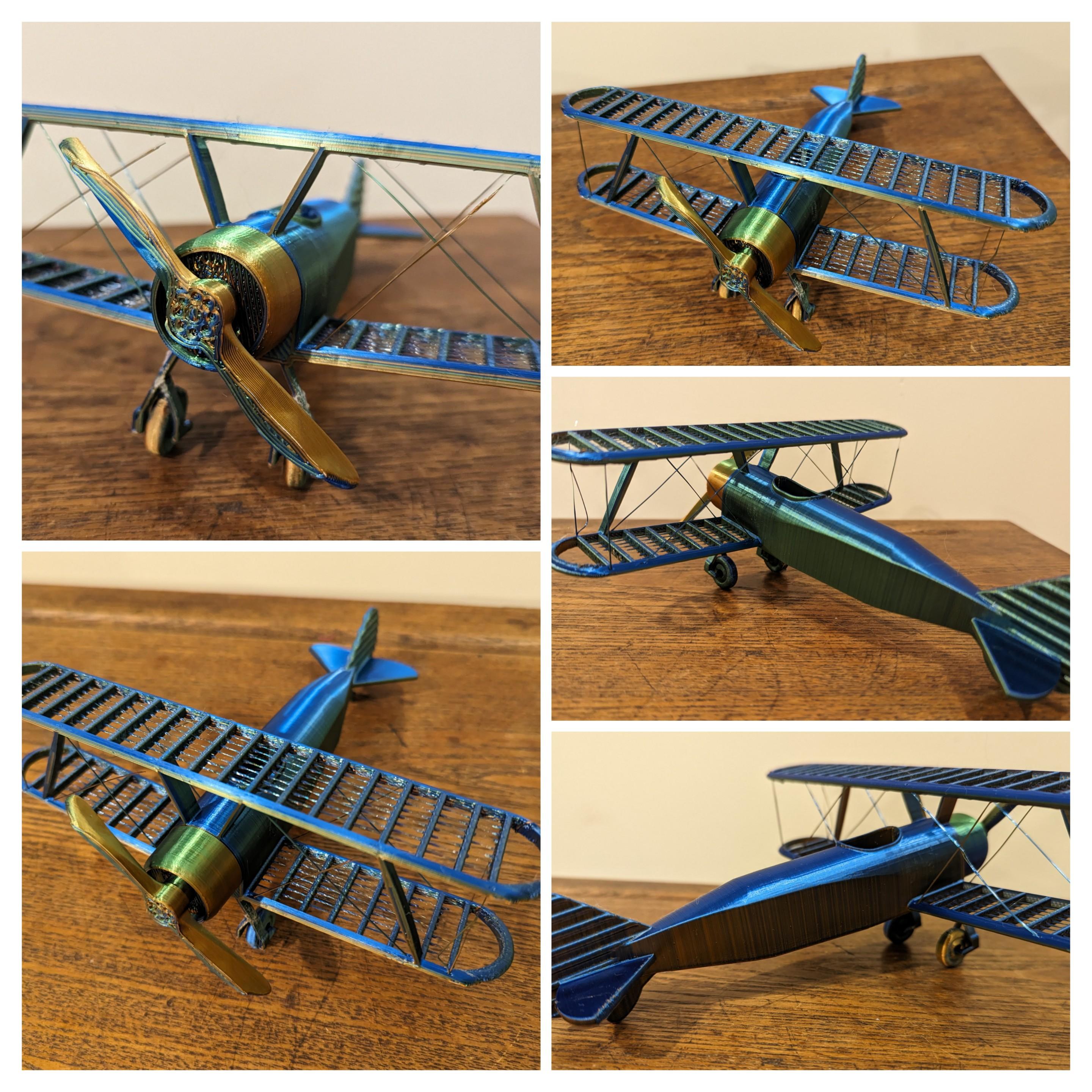 String Biplane:  No Supports - Printed in @SliceWorx3D TriColor coextrusion blue green orange - 3d model