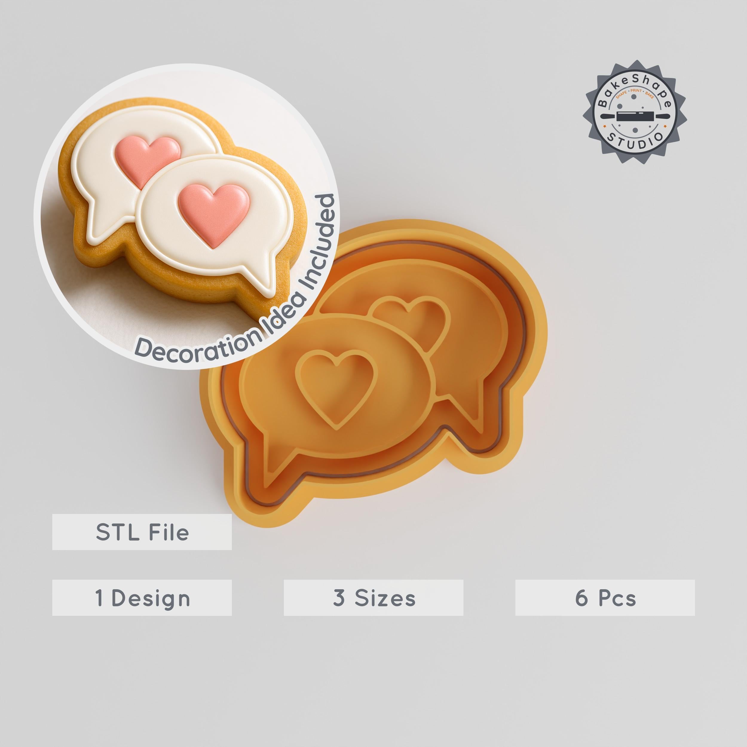 Romantic Chat Cookie Cutter & Stamp Set, Heart Message Designs, Perfect for Fondant, 6 Pieces, Sizes S/M/L PRODUCT_227 3d model