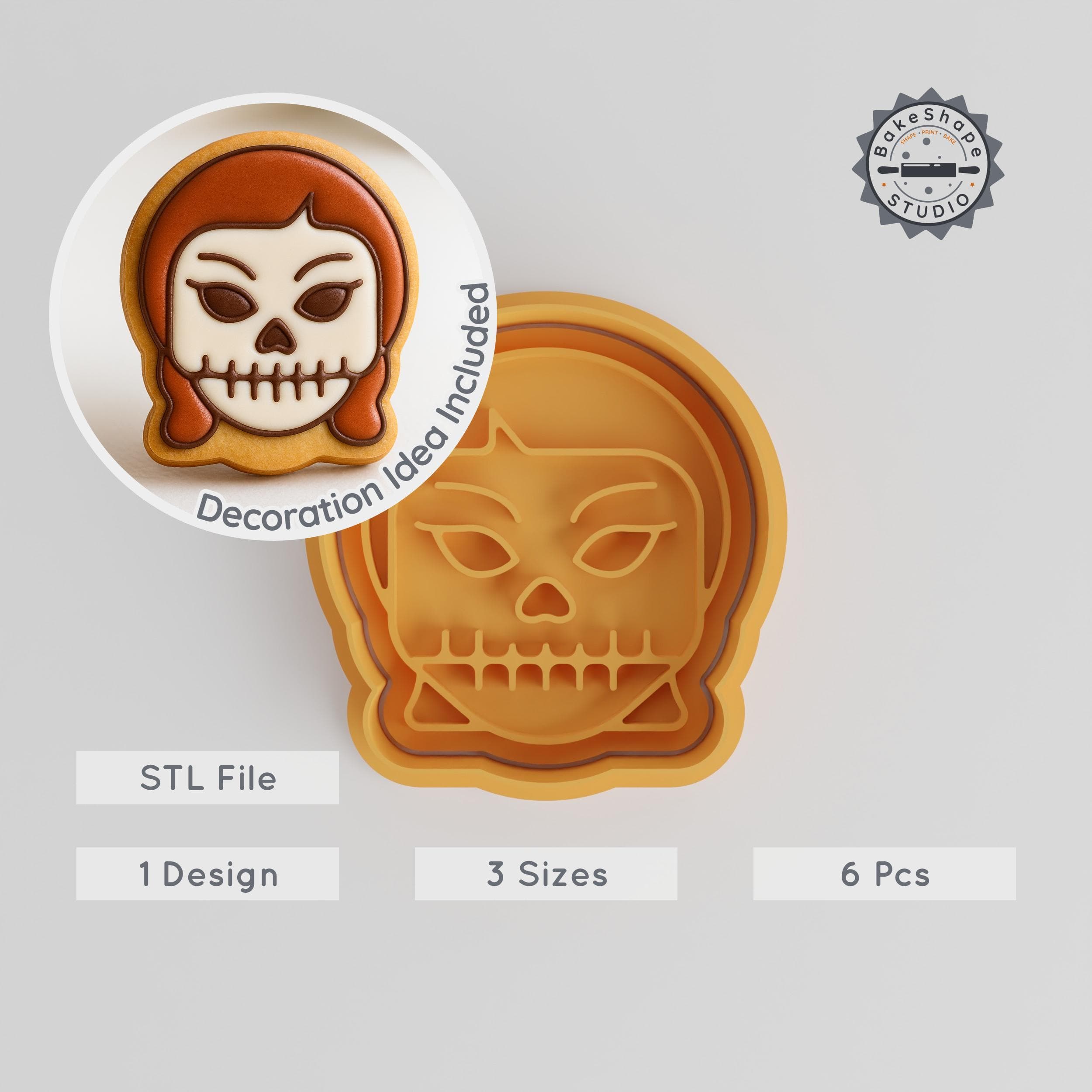 Skull Girl Cookie Cutter & Stamp Set, Halloween Skull, Spooky Face, Ghostly, Fondant Tool, Sizes S, M, L PRODUCT_963 3d model