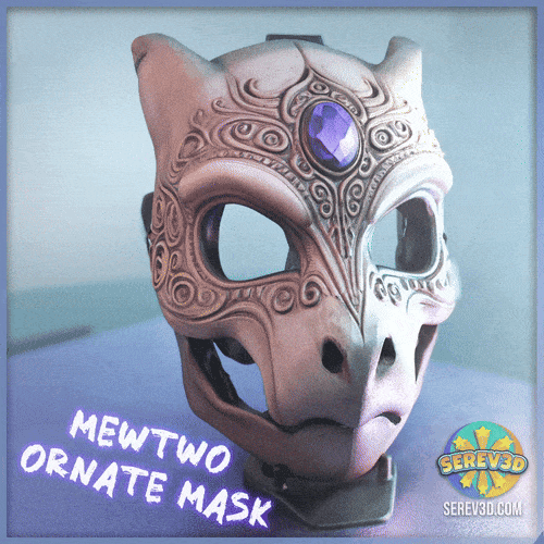 Wearable Mewtwo Ornate Mask - Articulated Movable Jaw, Mini & Keychain Versions STL/3MF 3d model