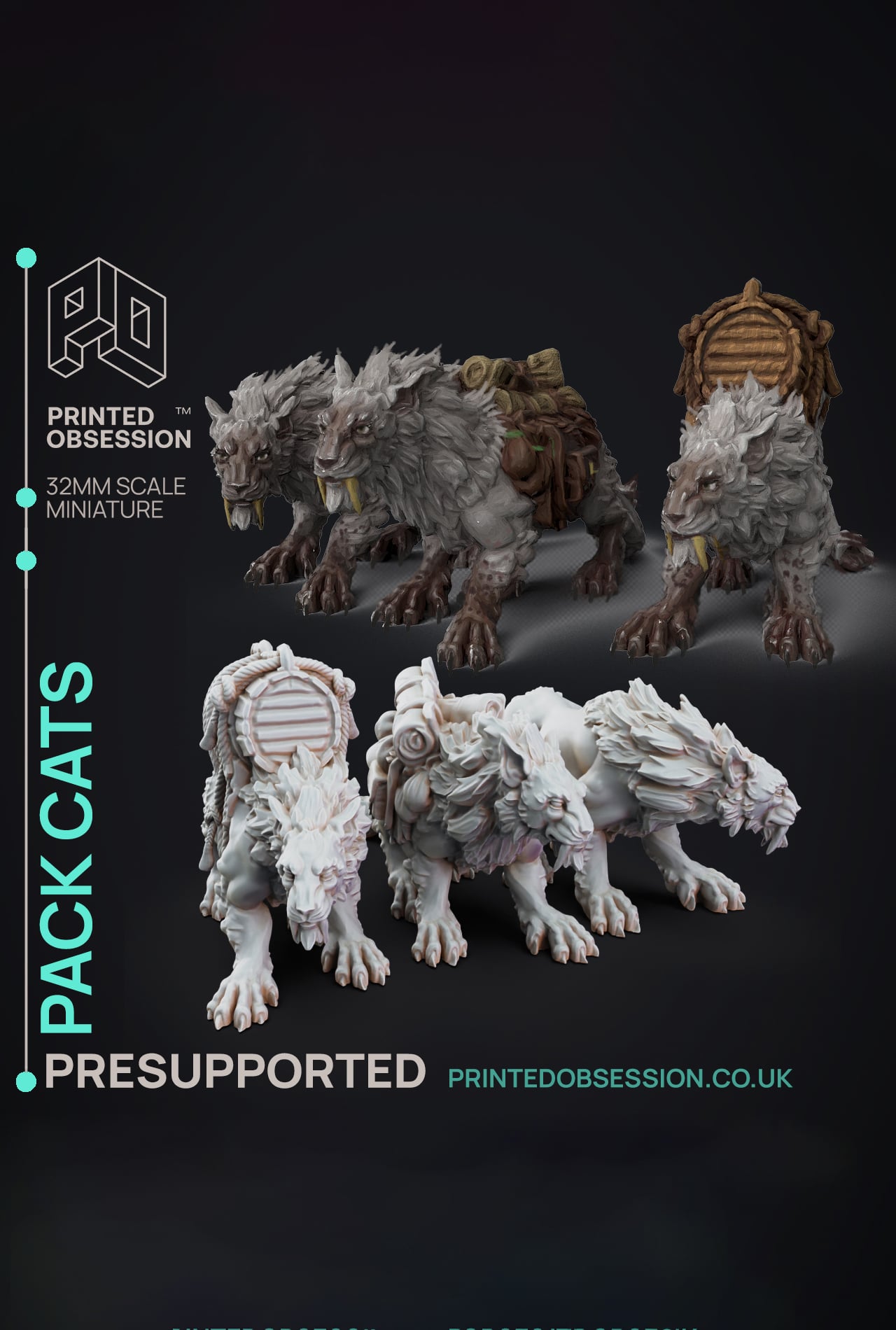 Pack Cats - Tabaxi Caravan - PRESUPPORTED - Illustrated and Stats - 32mm scale 3d model