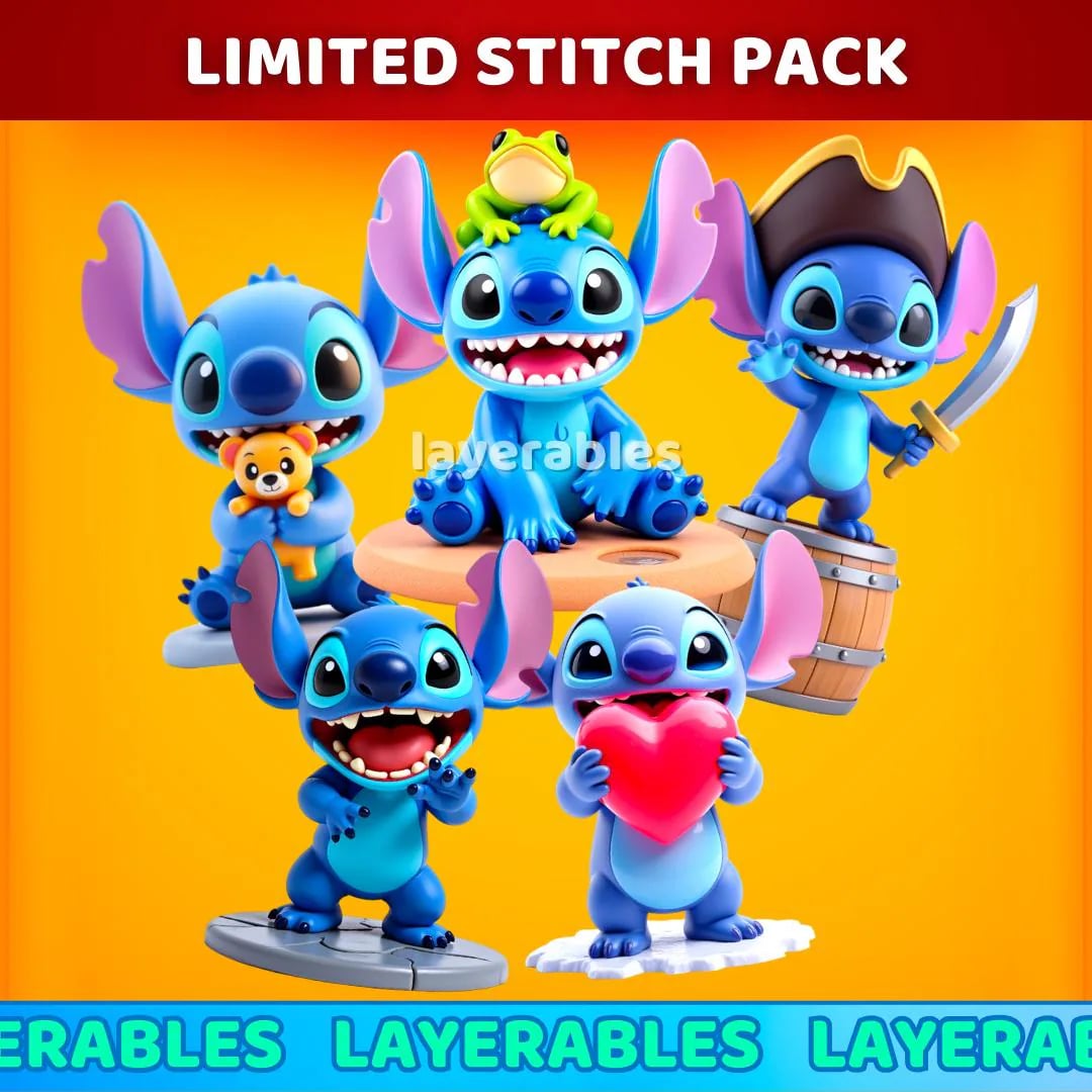 Chibi Stitch Bundle STL Pack – 3D Printable Cute Alien Figures – Heart, Pirate & Frog Poses 3d model