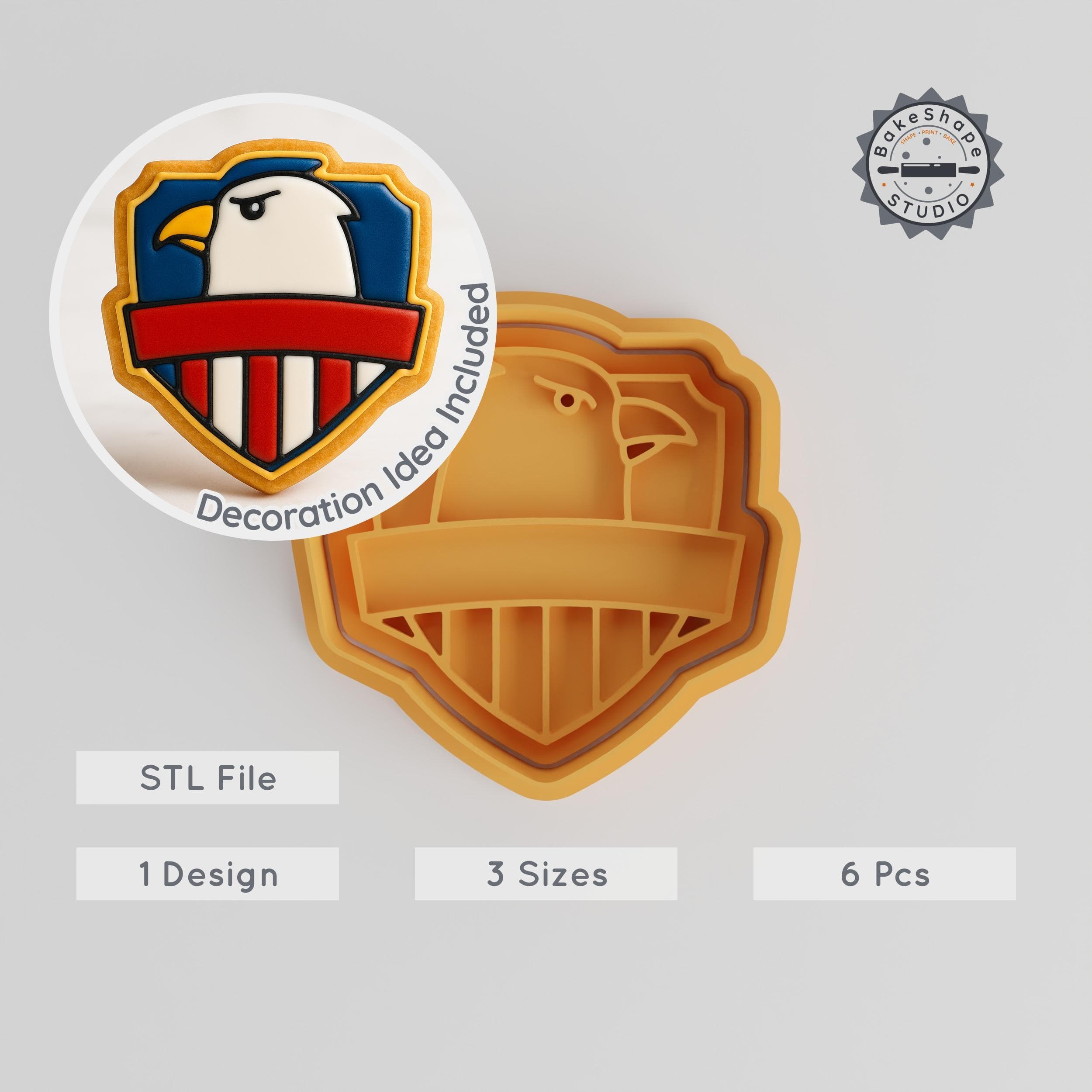 Eagle Badge Shape Cutter & Stamp, Cookie & Fondant Tools, Bird Honor Design, Set of 6, S/M/L Sizes PRODUCT_2827 3d model