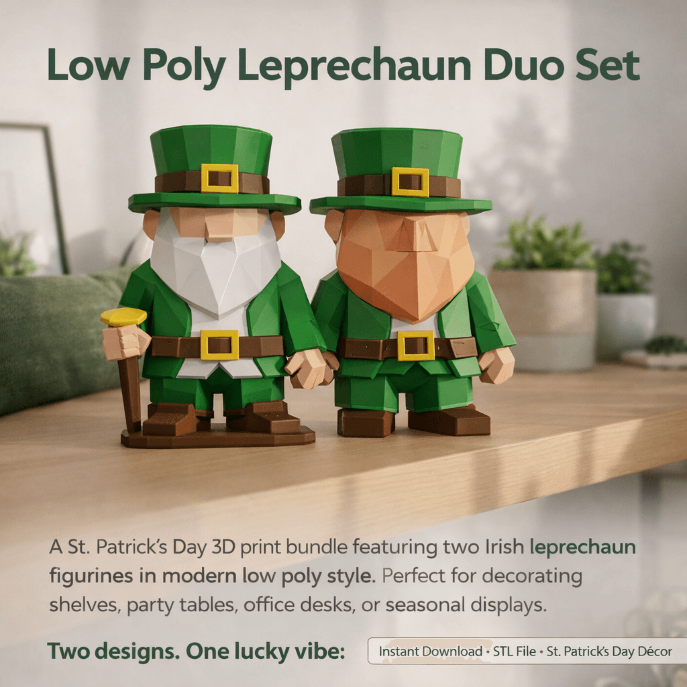 Lucky Leprechaun Duo STL File-Low Poly St. Patrick’s Day Bundle-Irish Gnome Figurines 3d model