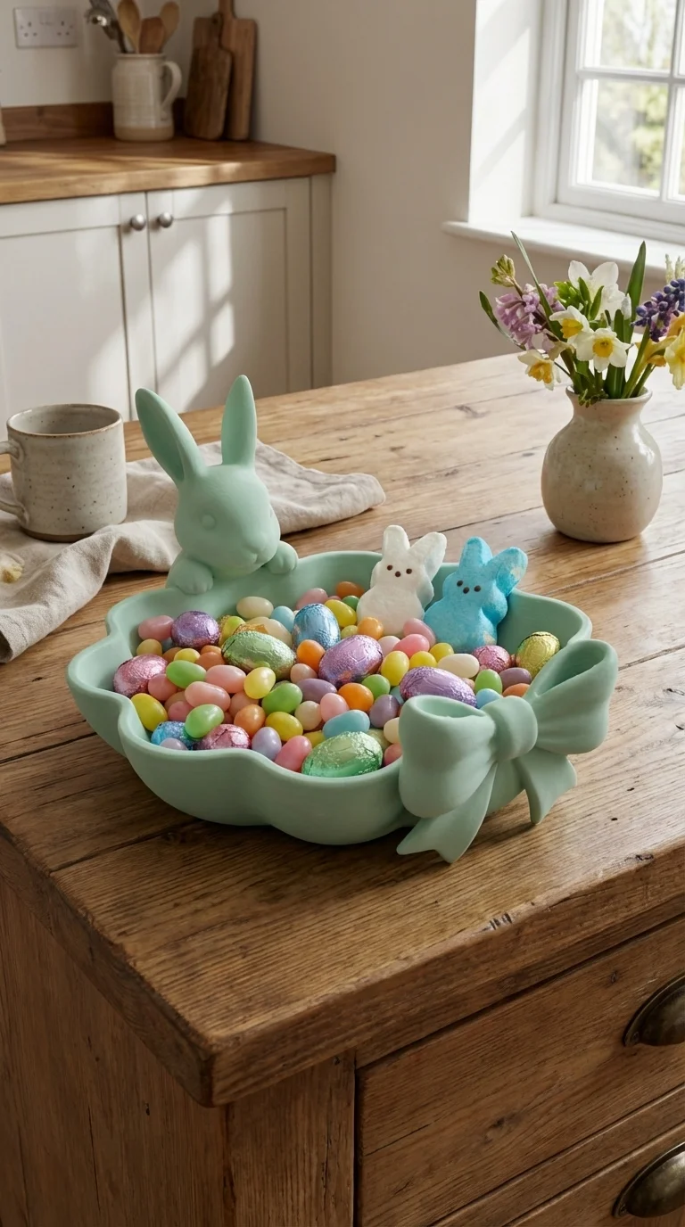 Sculptural Bunny & Bow Scalloped Candy Dish | Easter Spring Decor 3d model