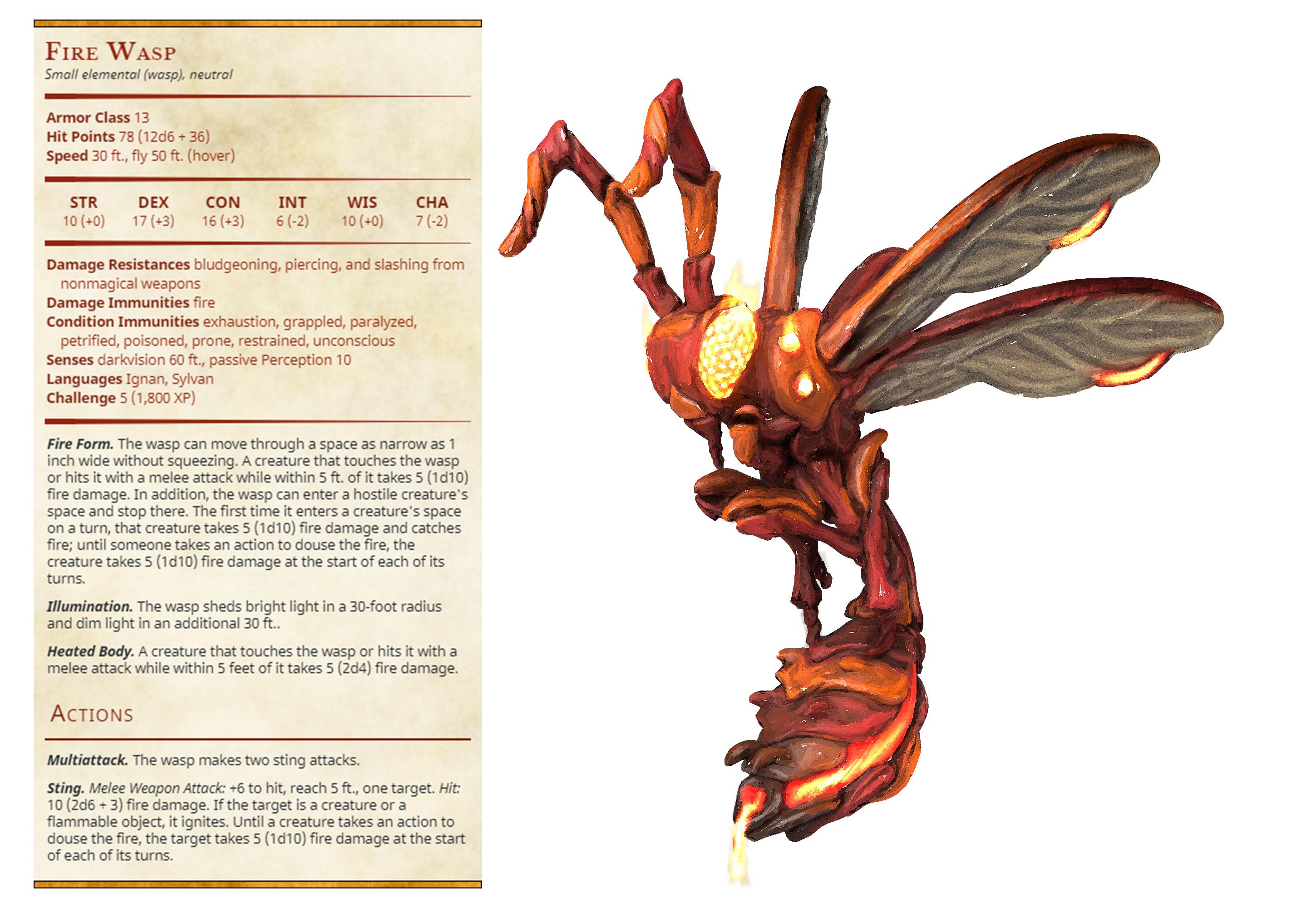 Fire Wasp - Elemental Familars - PRESUPPORTED - Illustrated and Stats - 32mm scale			 3d model