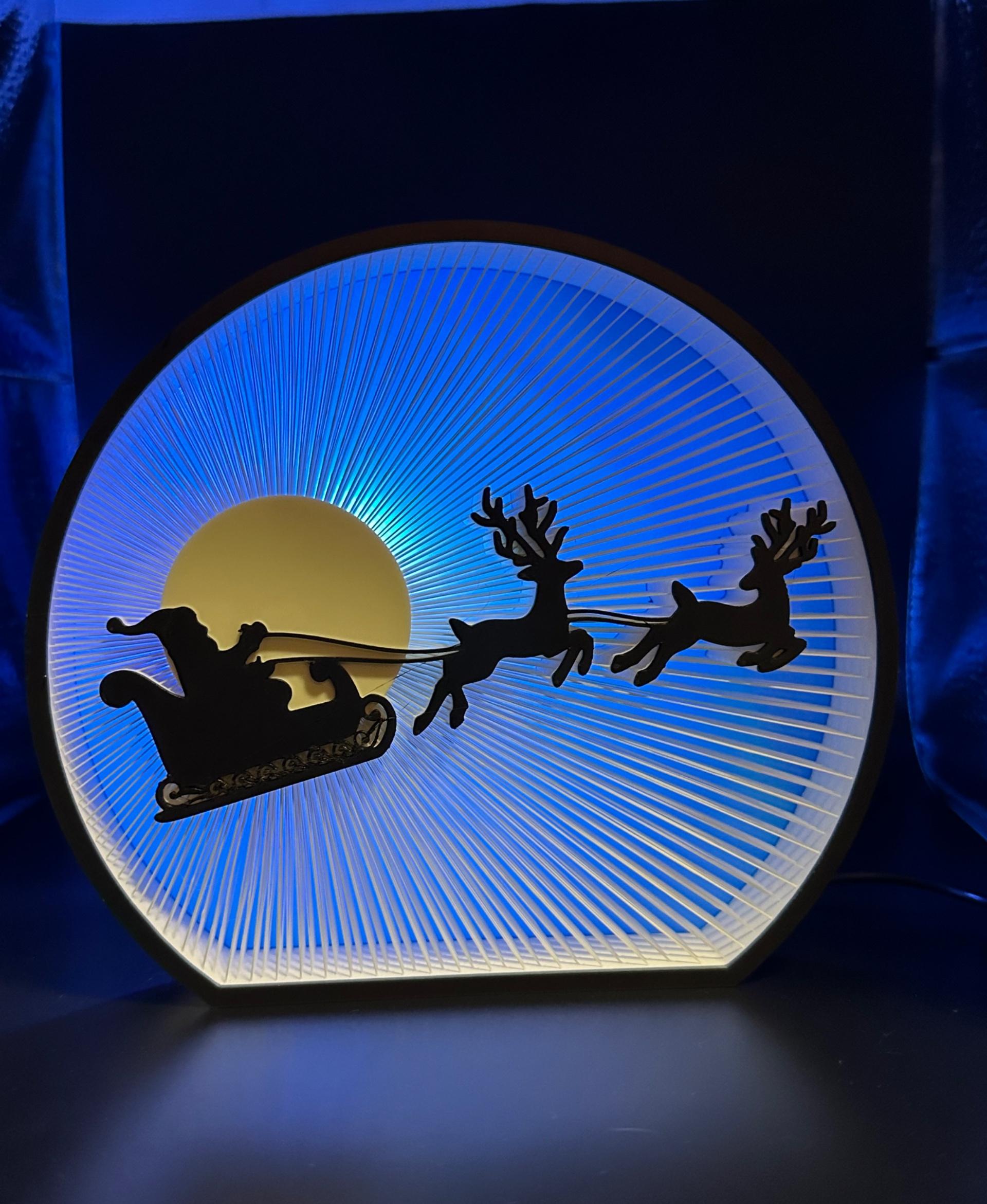Moonlight Santa String Art - A Great and Beautiful model. Easy to print. Printed on Bambu X1C for my needs I printed at .20 layer height with the .04 nozzle. I used Bambu Studio to paint the colors using the height tool. I used archne wall generator as recommended. 
Thank You for the model keep up the great work 🙏😀 - 3d model
