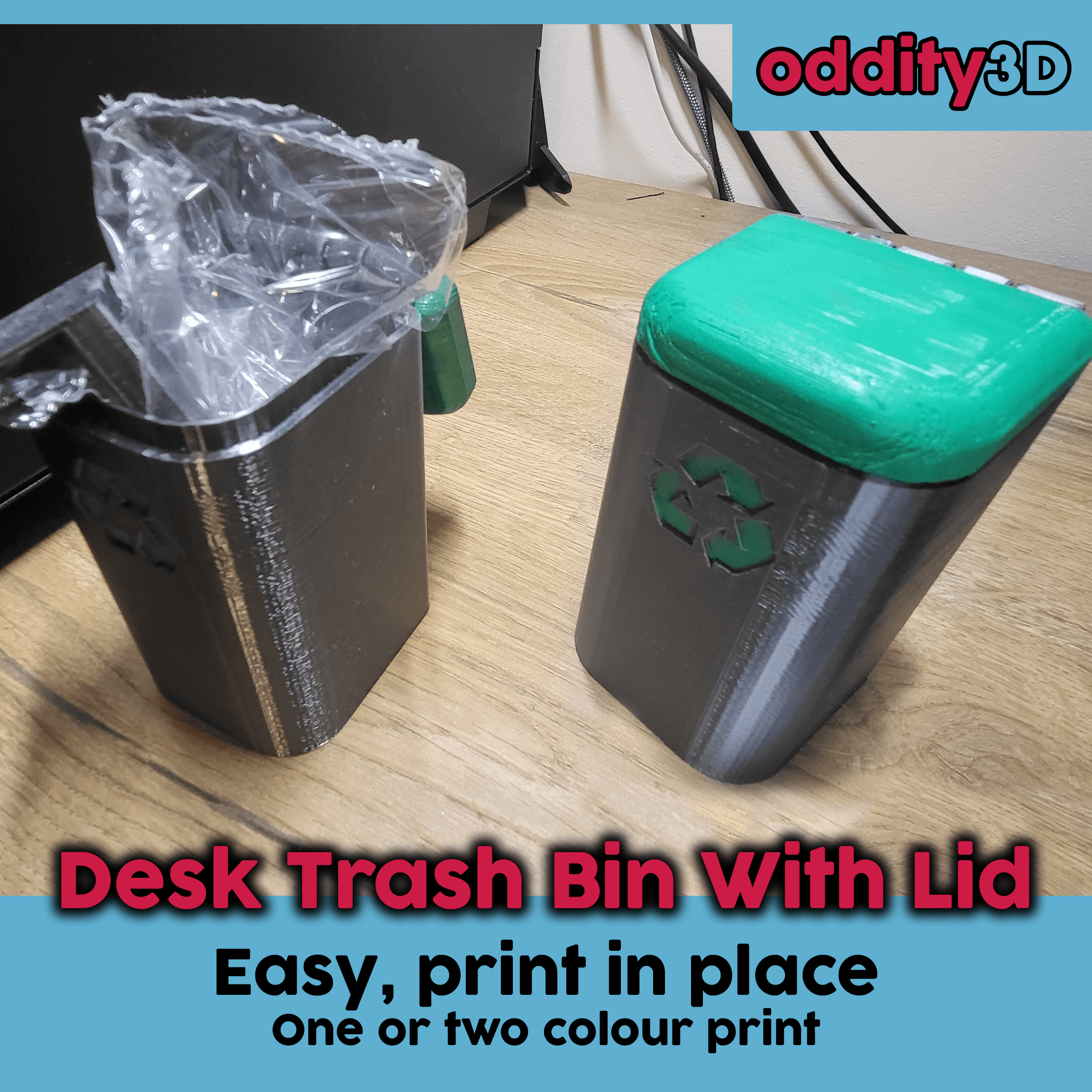 Desktop Trash Bin With Hinged Lid (easy print in place) 3d model