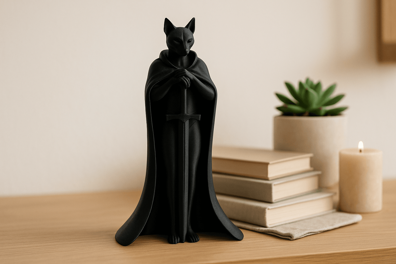 Cat Knight Sculpture – Gothic Cat Figurine in Cloak 3d model