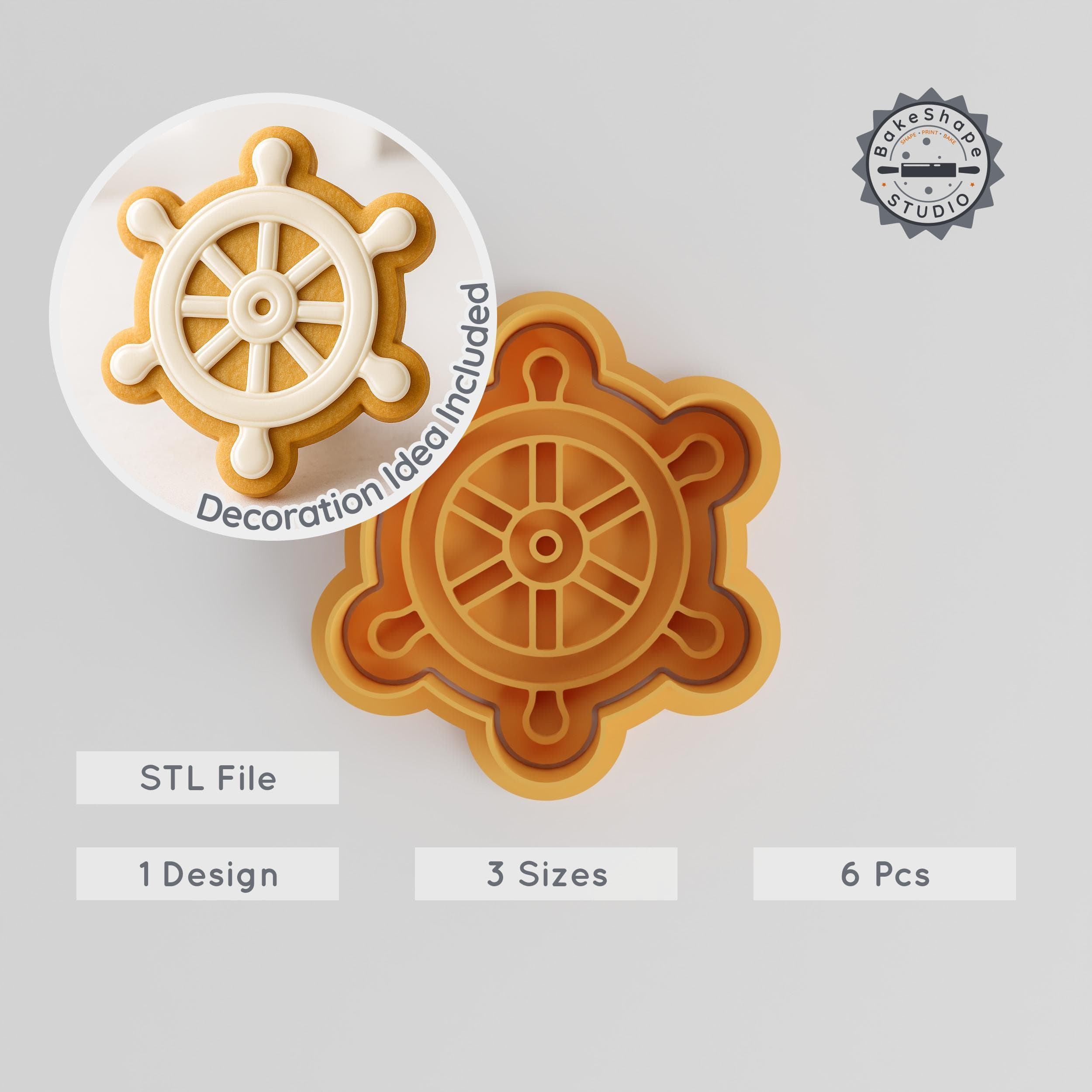Pirate Steering Wheel Shape Cutter & Stamp, 3 Sizes, Cookie & Fondant Nautical Ship Helm Design Set PRODUCT_1123 3d model