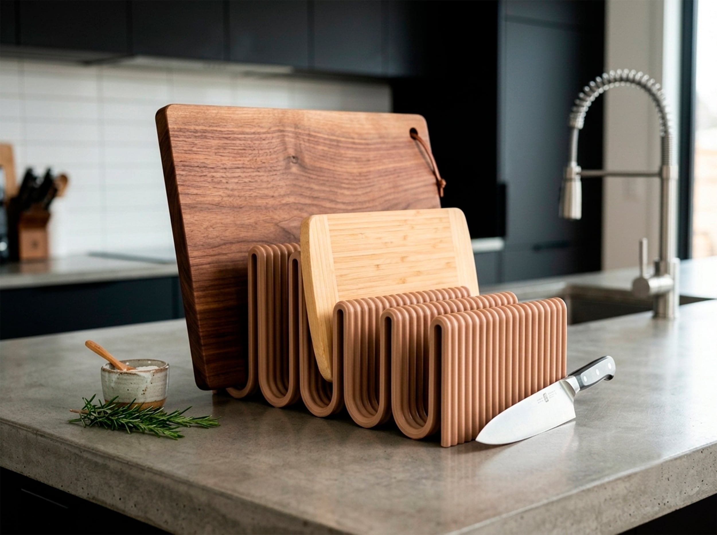 Modern Wave Cutting Board Stand & Kitchen Organizer (STL) 3d model