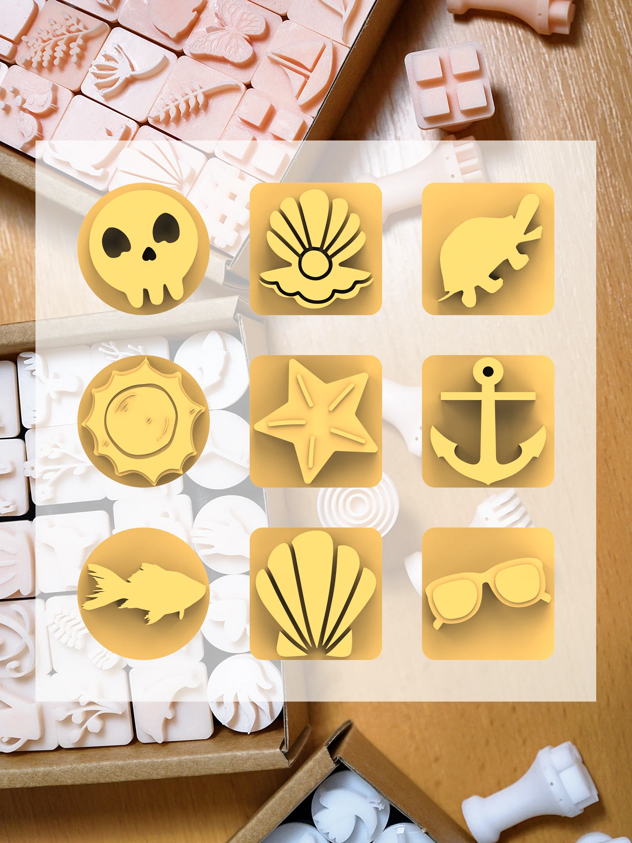 Ceramic Clay Stamp Set – Ocean & Beach 2 (9 Stamps, 20 mm) 3d model