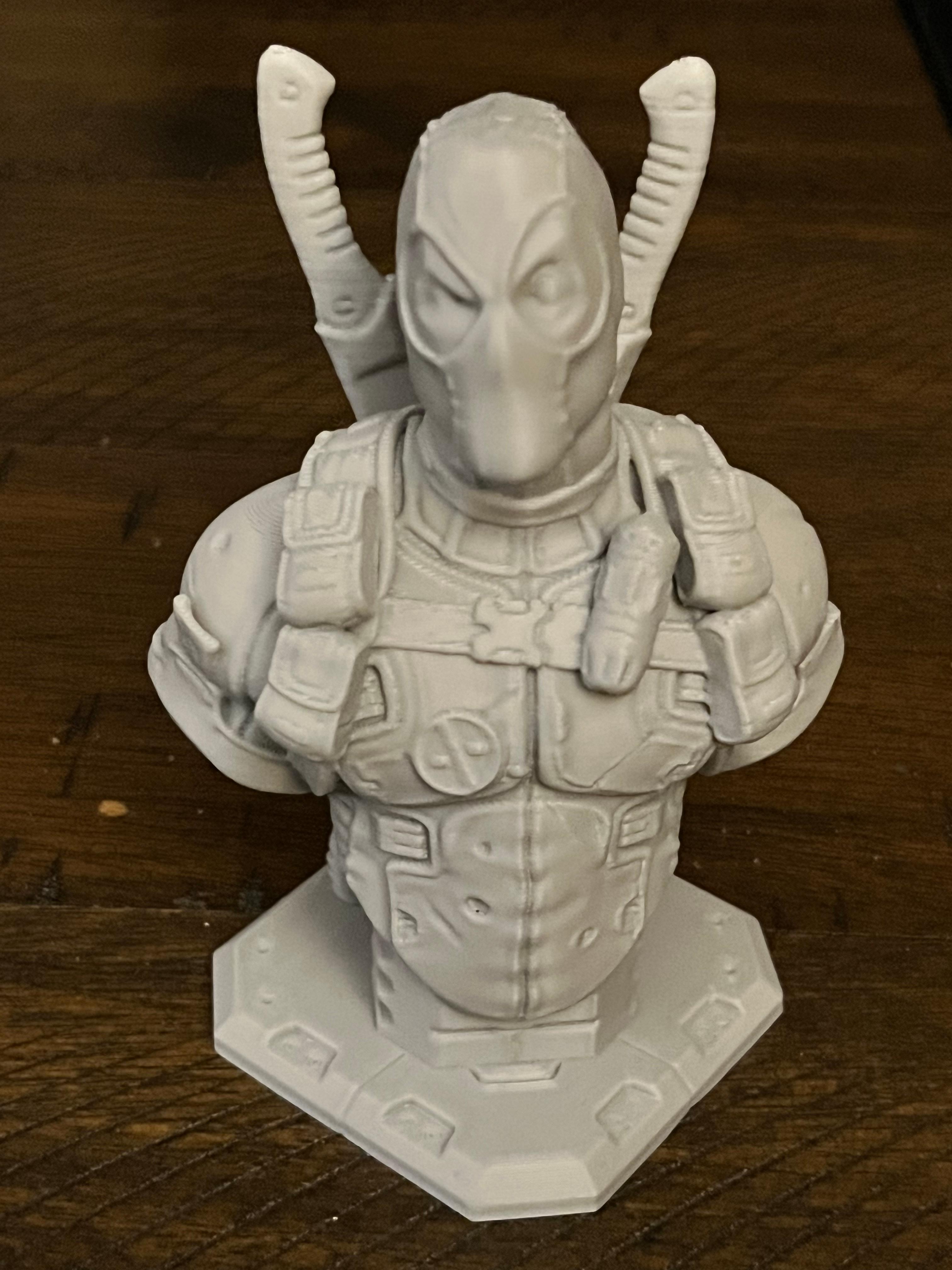 Deadpool bust (Remastered Supportless Edition) (fan art) - Came out beautifully, great design 0.4 nozzle 0.2 layer height in 5 hrs and 13 mins. 
Thank you for that great design.  - 3d model