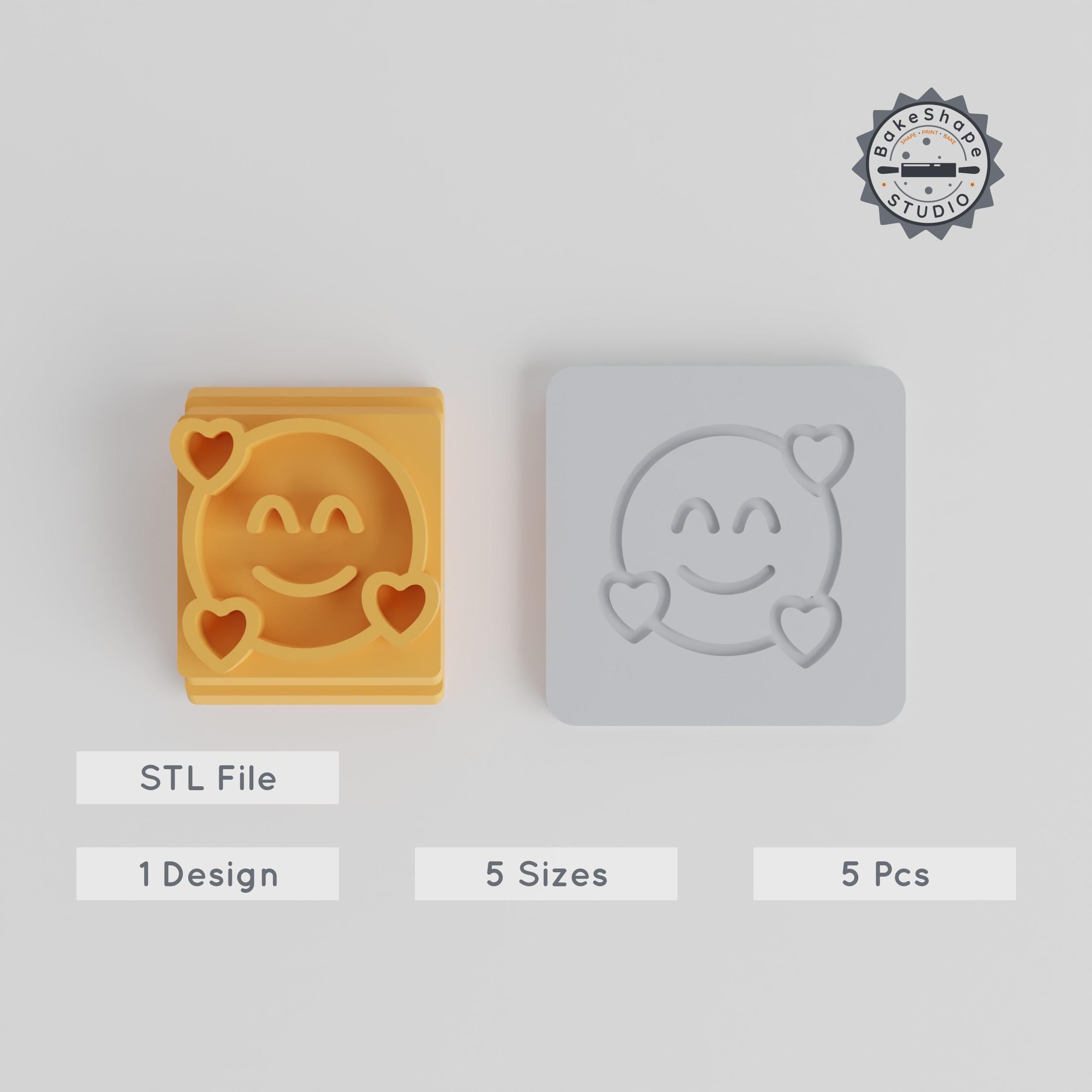 Heart Face Stamp Tile Set, 5 Sizes, Adoring Smiley Love Emoji Design for Clay, Cookie & Fondant Crafting PRODUCT_2272 3d model
