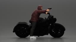 Hooded gangster man sits on motorcycle aiming a pistol with determination 3d model
