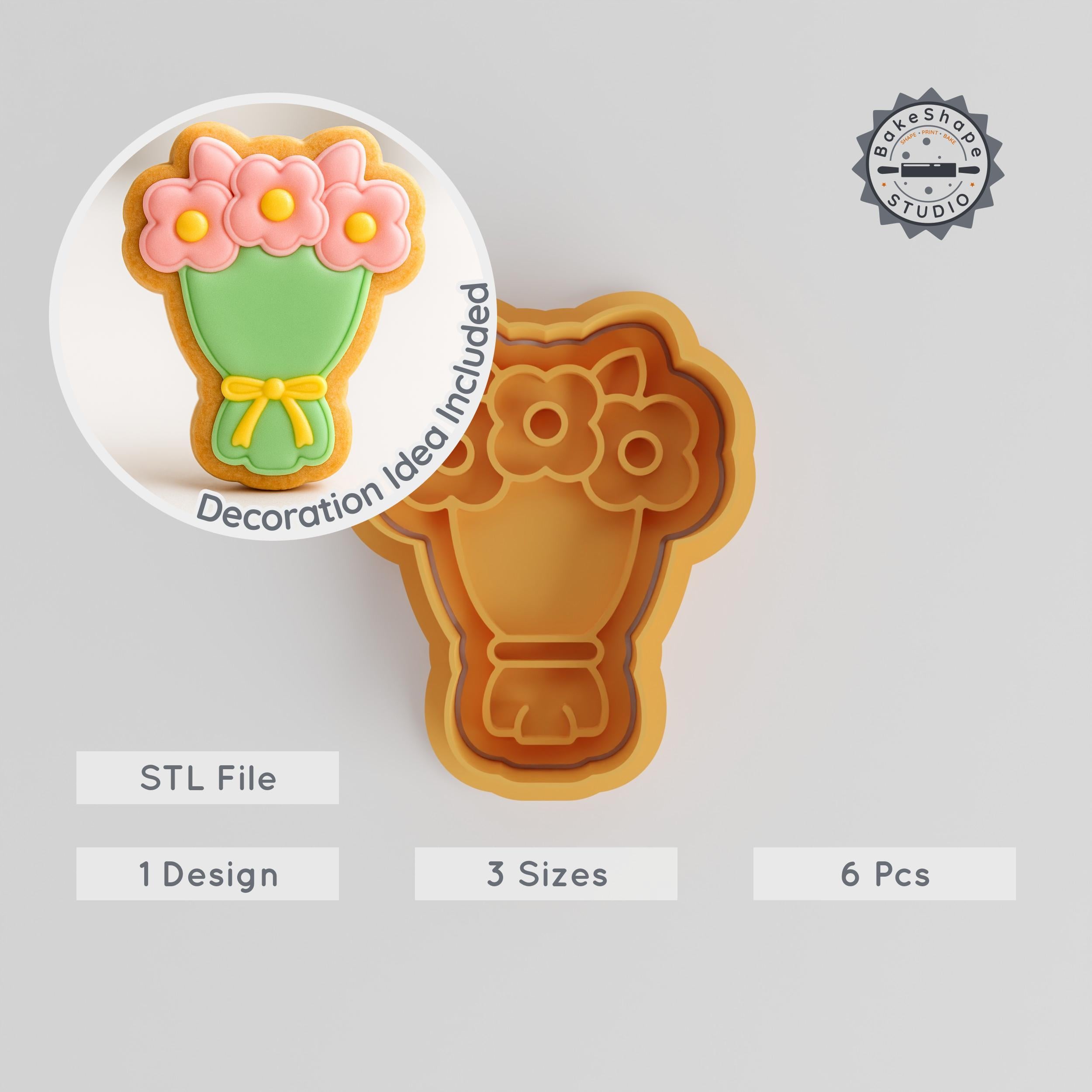 Floral Bouquet Cookie Cutter & Stamp Set, 3 Sizes, Perfect for Fondant & Cookies, Flower Arrangement, Petal Decoration PRODUCT_37 3d model