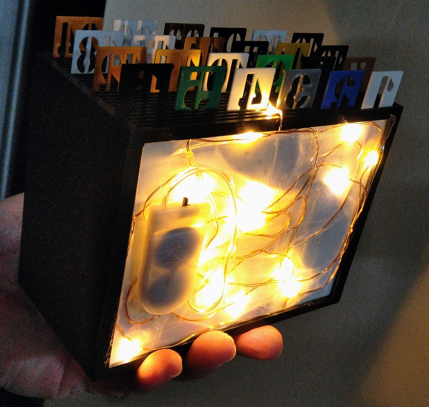 Excess fairy lights sloppily added as background backlighting... But it works!
