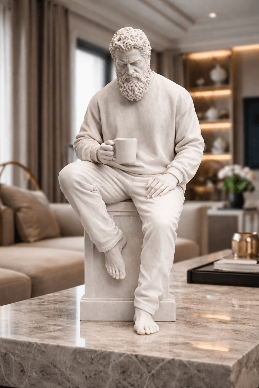 Seated Bearded Man with Coffee Mug STL – Cozy Modern Male Statue for 3D Printing 3d model