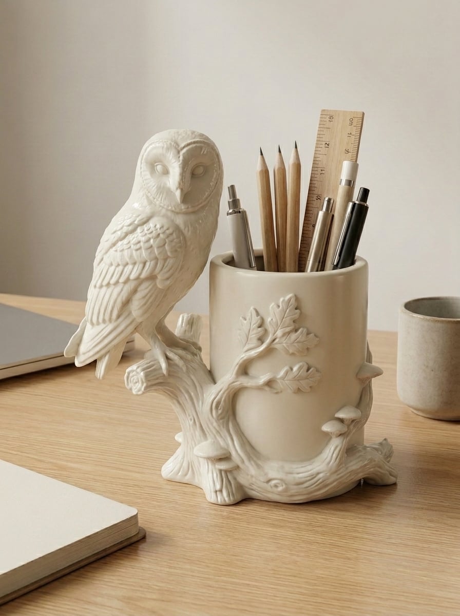 Grandmillennial Barn Owl & Oak Branch Pencil Cup 3d model