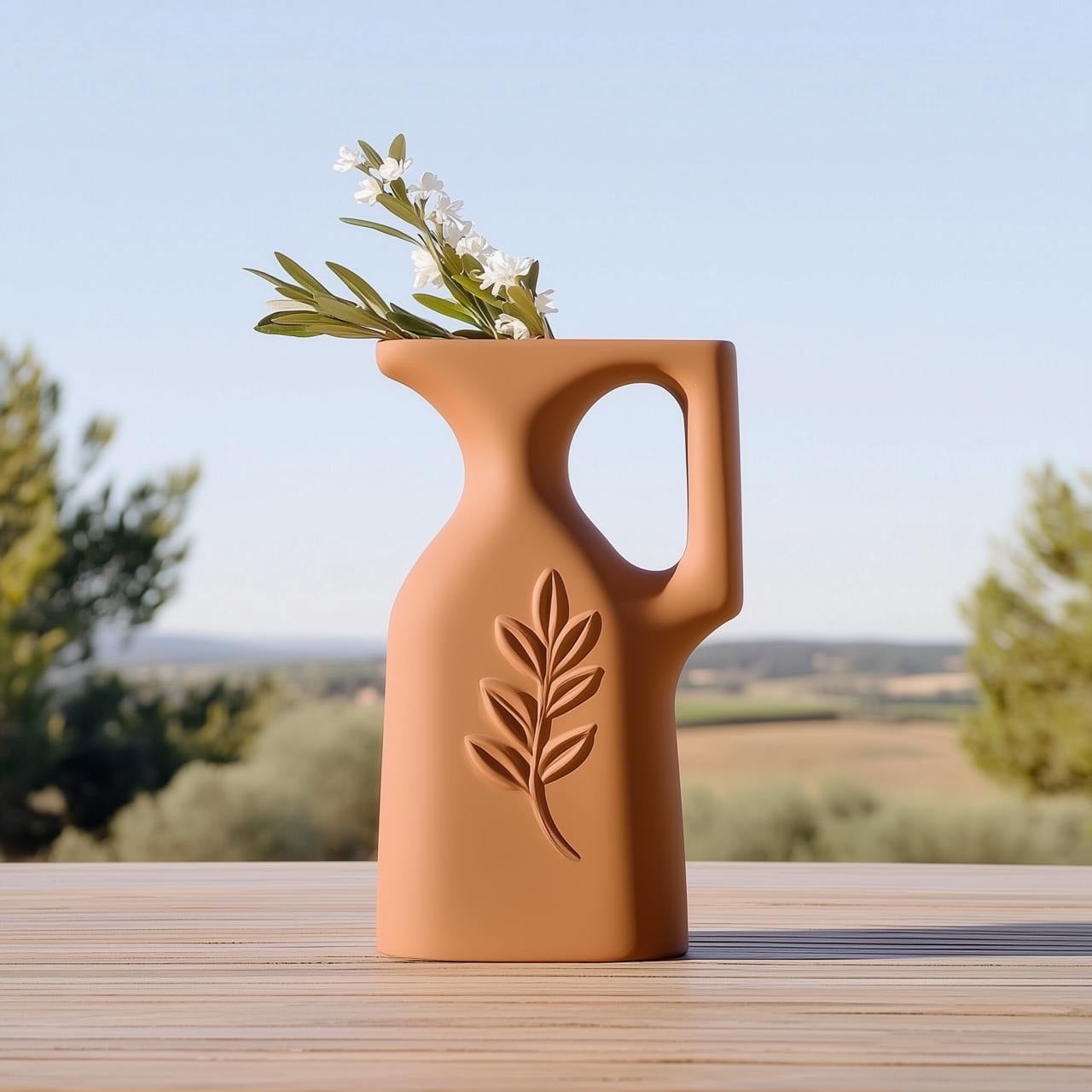 Terracotta Leaf Jug – Elegant 3D-Printed Vase with Mediterranean Flair 3d model