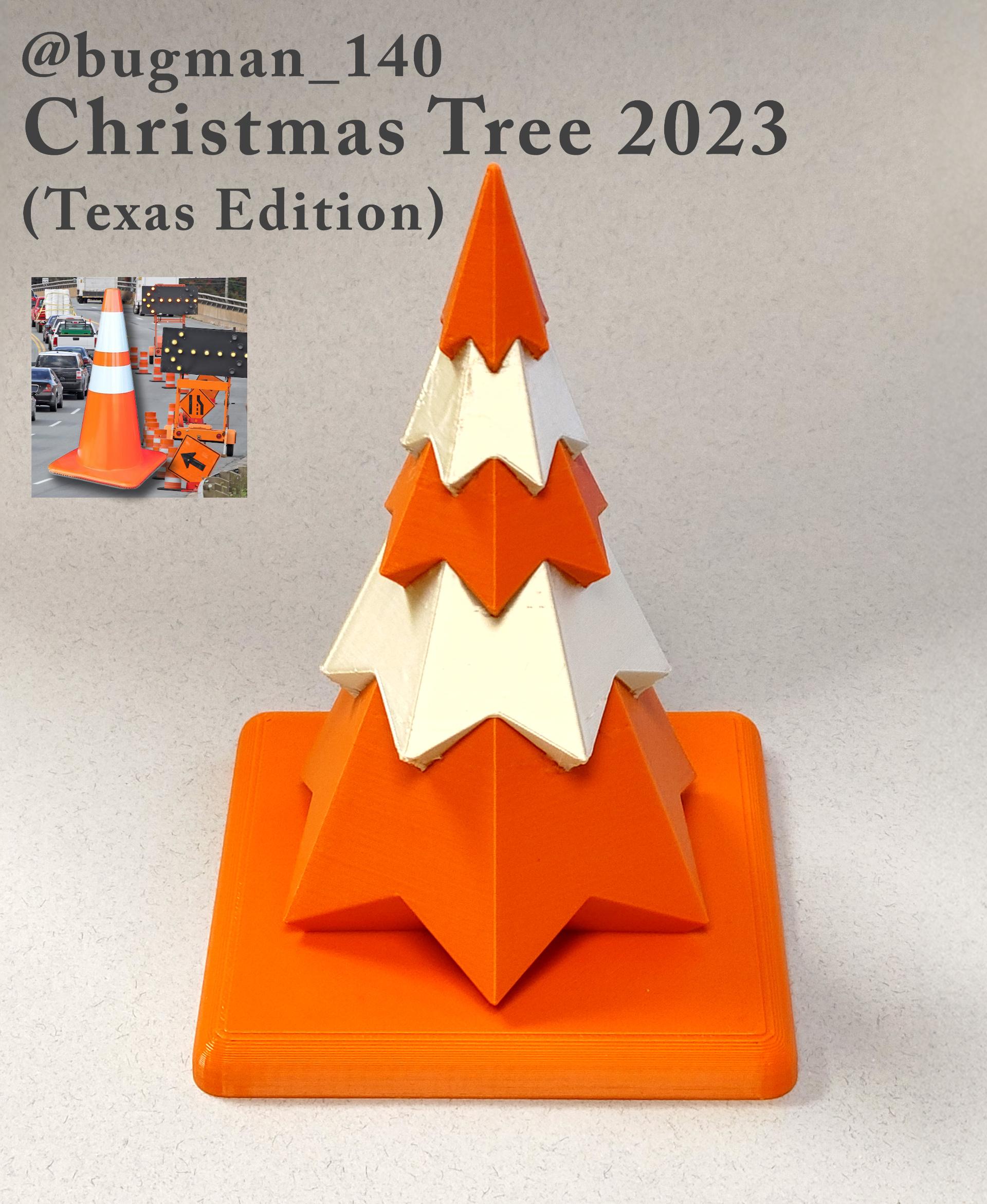 Christmas Tree 2023 - The Christmas Tree 2023 by @bugman_140
 (Texas Edition) turned out great!! Now we have a tree that reflects the true spirit of visiting loved ones around Dallas during the holidays!

(printed in FilaCube Burnt Orange and Polymaker_3D
 Silk Champagne Gold) - 3d model
