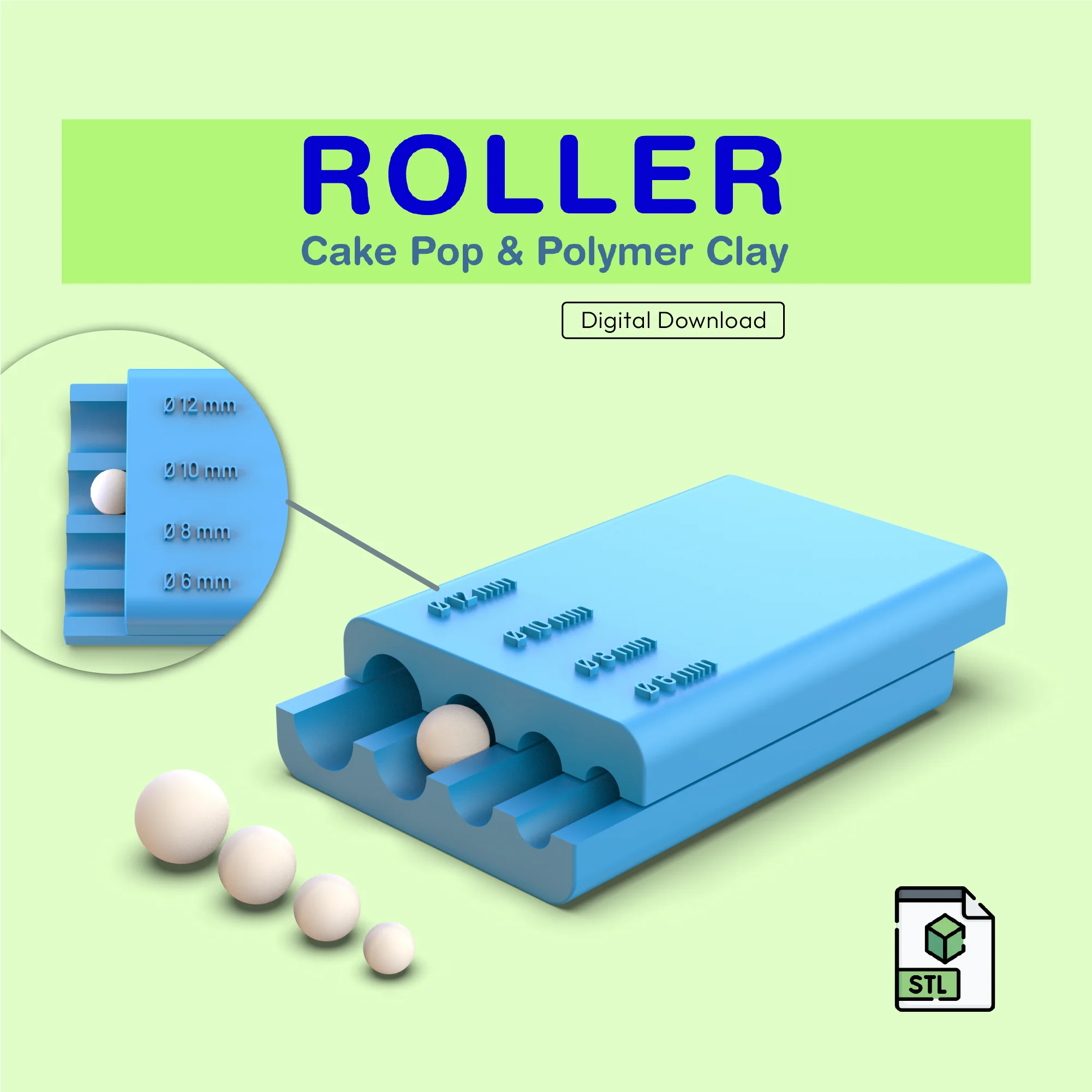 3D Round Shape Roller, 6-8-10-12 mm, Cake- Clay- Pottery- Cookie- Fondant- Ceramic- Handheld Tool 3d model