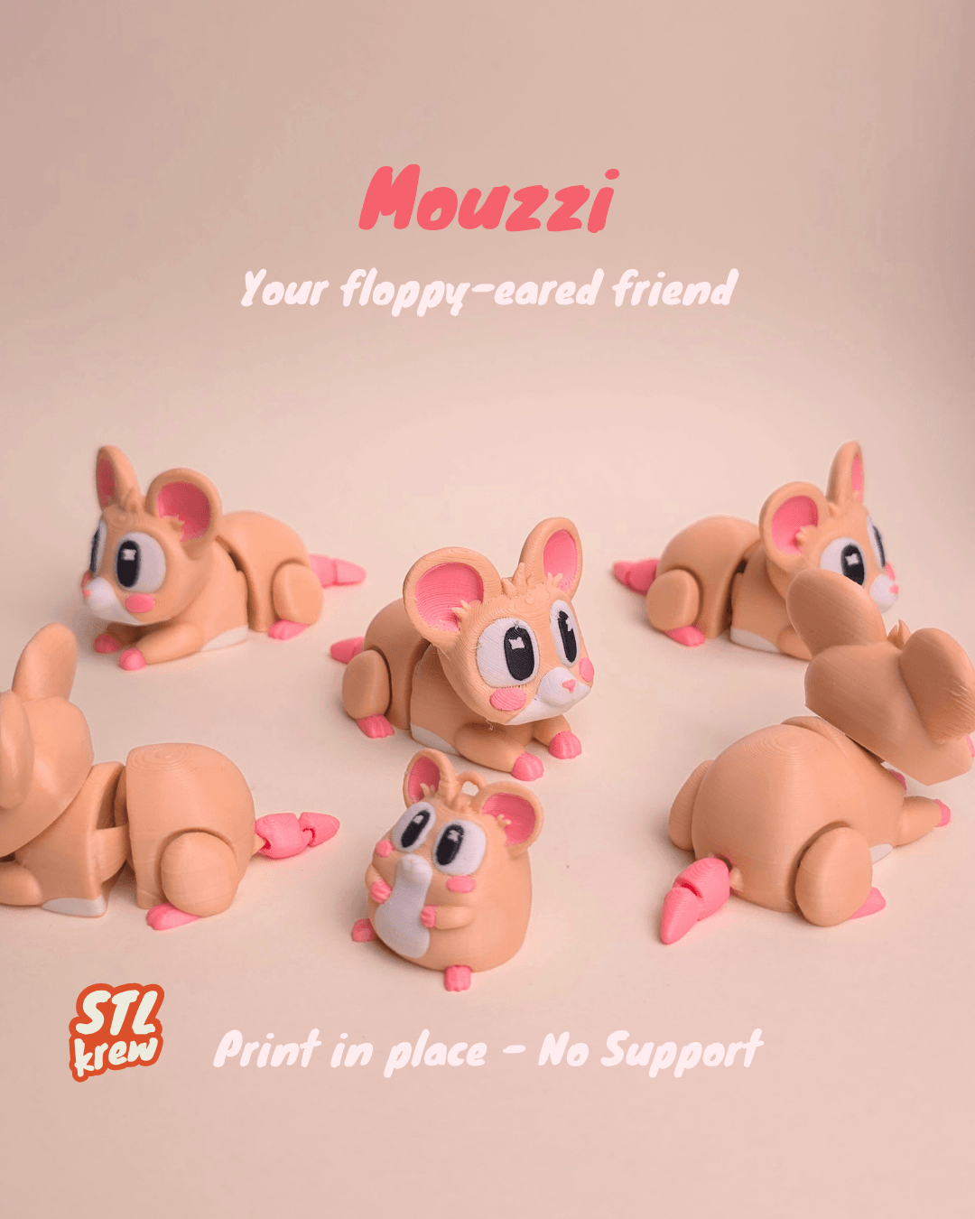 Cute mouse articulated - Mouzzi, no support, print in place 3d model