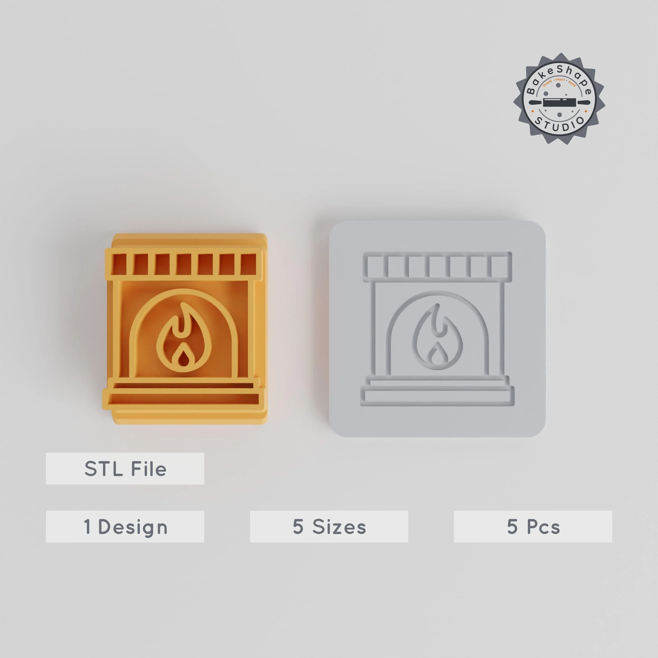 Fireplace Stamp Tile Set, 5 Size Motifs, 20-40mm, Perfect for Clay, Cookies & Fondant, Cozy Winter Ambiance PRODUCT_5424 3d model