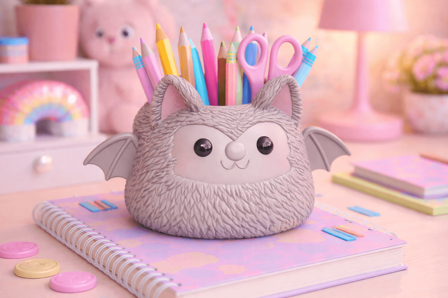 Bat Pen Holder STL | Cute Bat Desk Organizer | Halloween Pencil Holder | 3D Printable Office Storage 3d model
