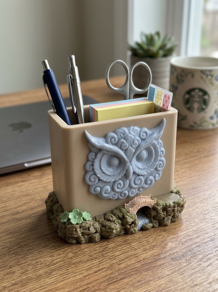 Mystic Owl Desk Organizer & Diorama Pen Holder 3d model