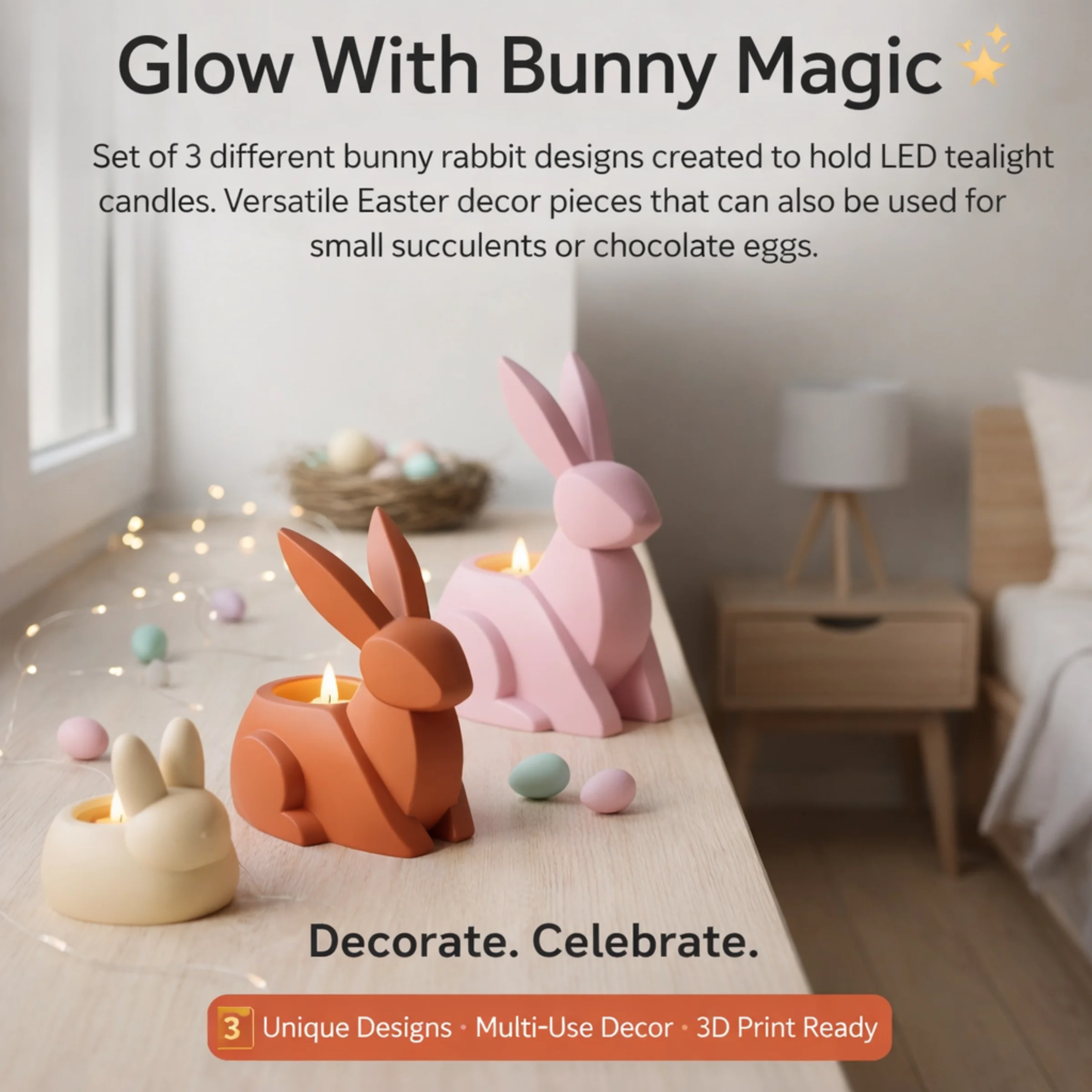 Bunny Rabbit STL Bundle - 3 LED Tealight Holders and Planter Vases 3d model