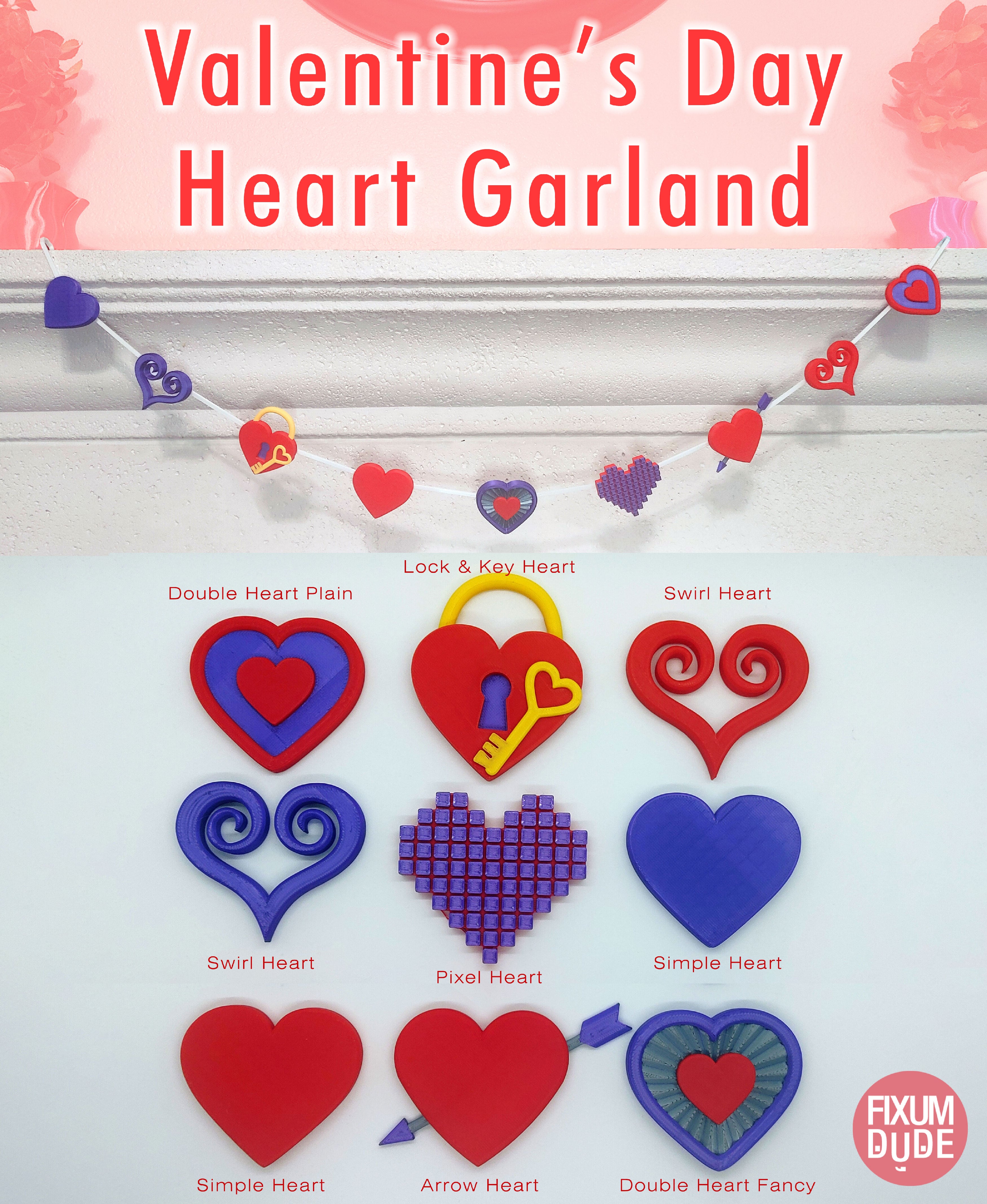 Valentines Hearts Variety Snap Together Garland Decorations 3d model
