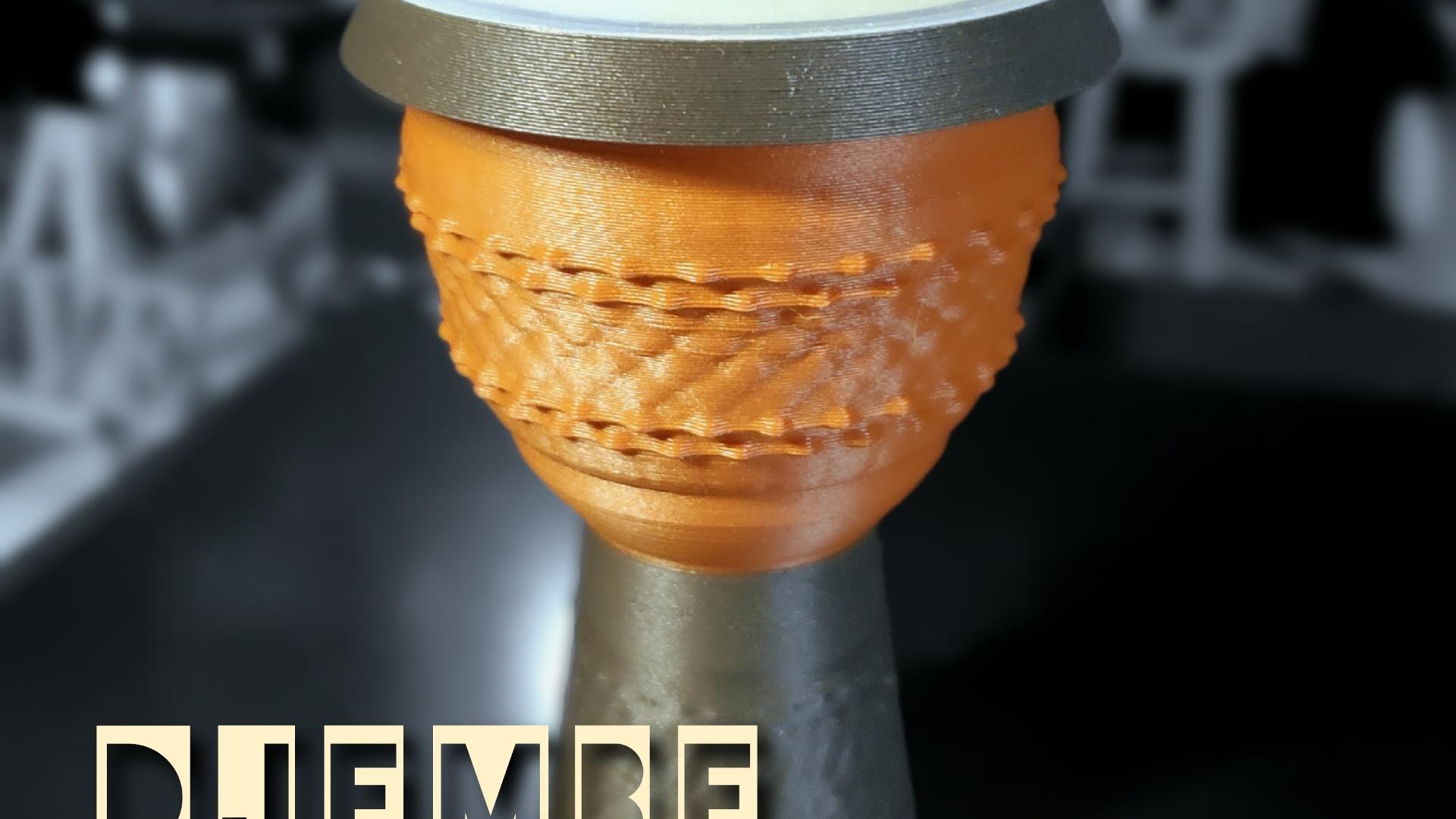Miniature Print-In-Place 4" Djembe Drum with Decorative Carving - 4" Djembe drum using Bone PLA for the drumhead with red and dark wood PLAs for the body.  - 3d model