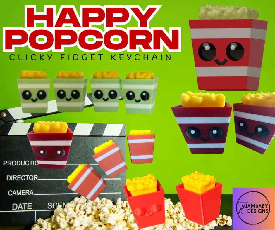 Happy Popcorn Fidget Clicker Keychain *No AMS Needed* 3d model